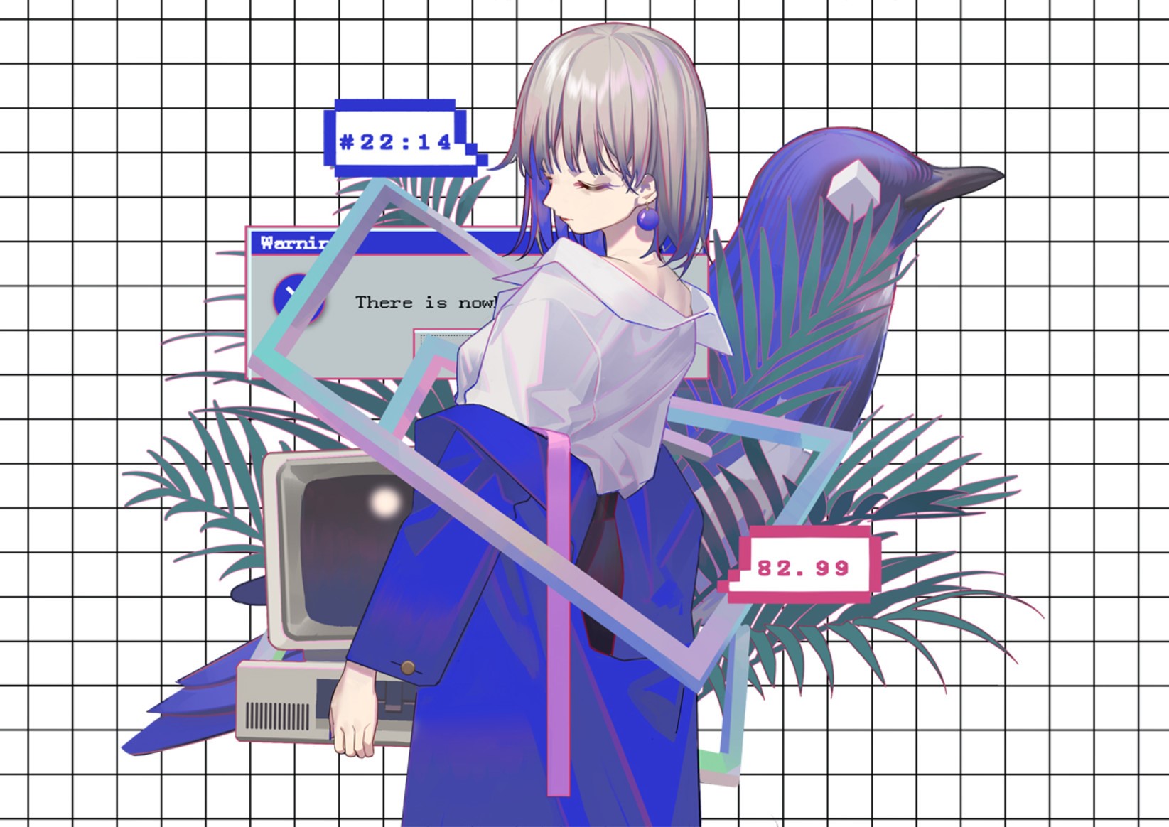 anime, anime girls, simple background, closed eyes, numbers, computer, HD Wallpaper