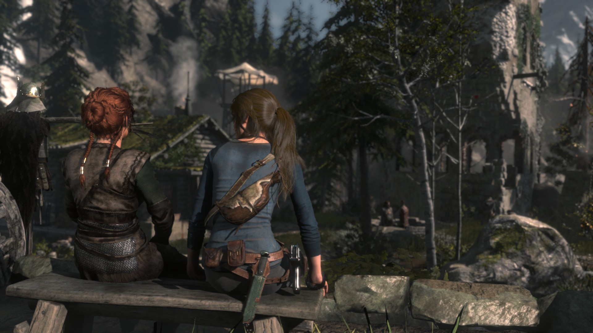 Rise of the Tomb Raider, Lara Croft, town, sitting, redhead, talking, brunette, rear view, HD Wallpaper