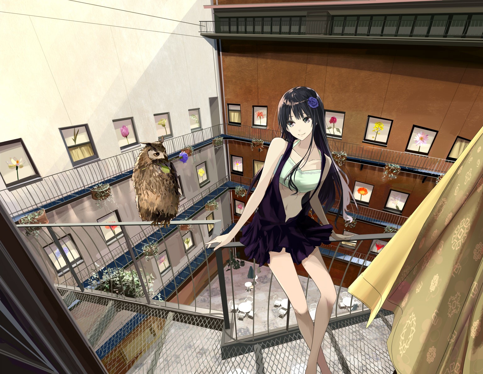 anime, anime girls, dark hair, urban, flower in hair, HD Wallpaper