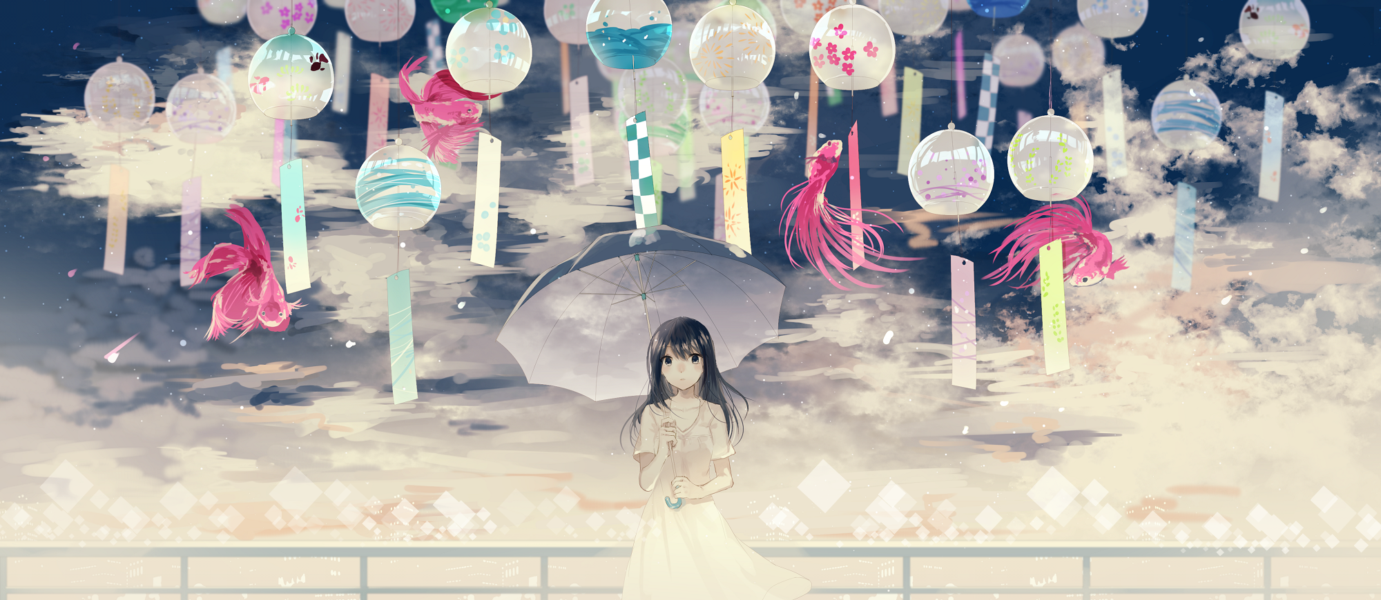 anime, anime girls, umbrella, dark hair, HD Wallpaper