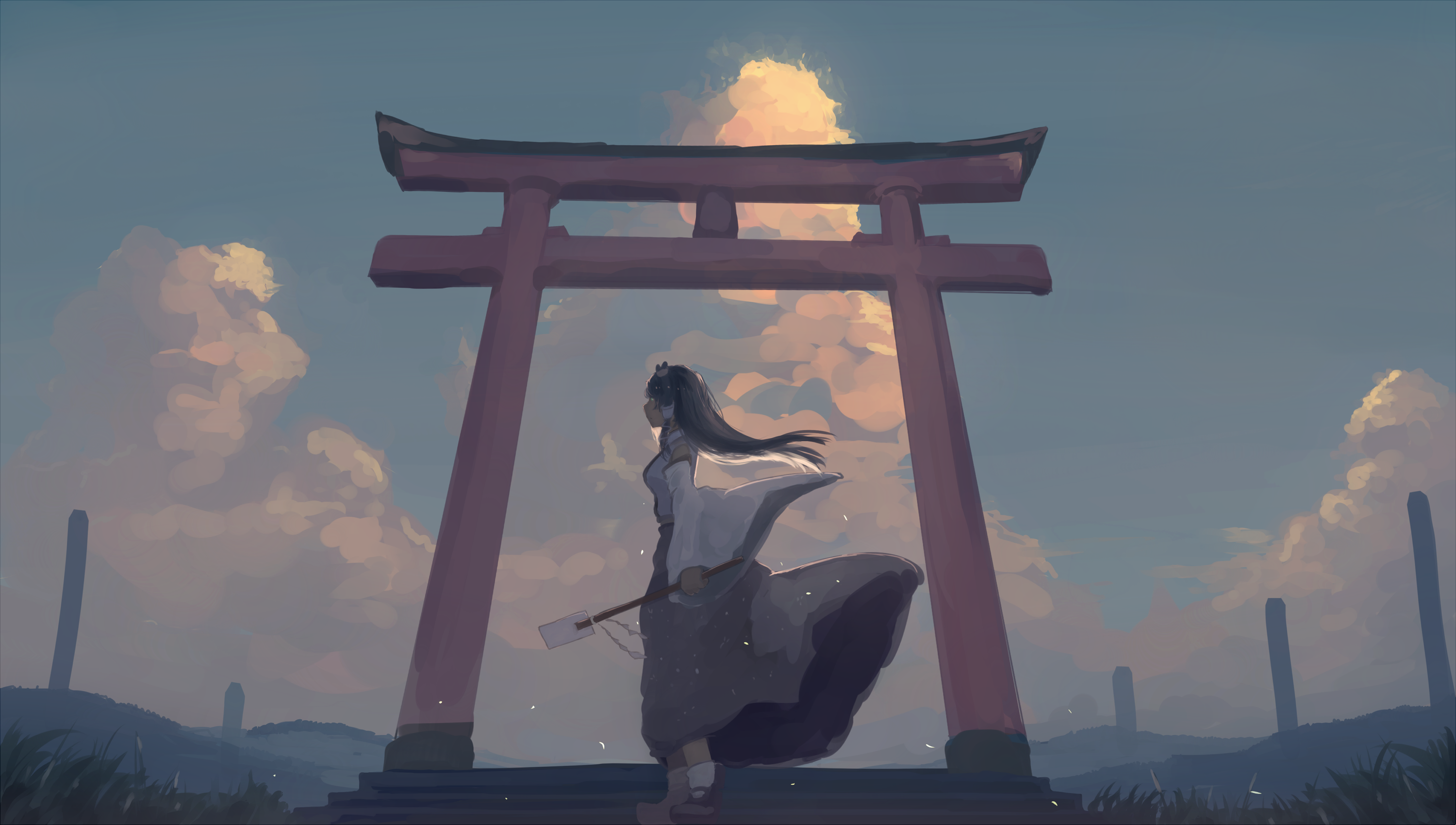 anime, anime girls, fantasy girl, sky, clouds, dark hair, long hair, HD Wallpaper