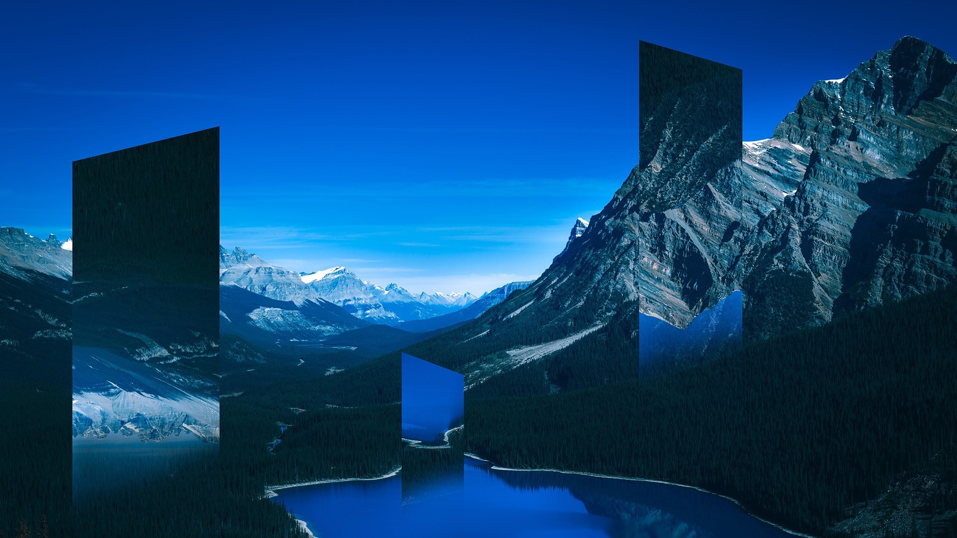 glitch art, sky, lake, forest, mountains, artwork, clouds, HD Wallpaper