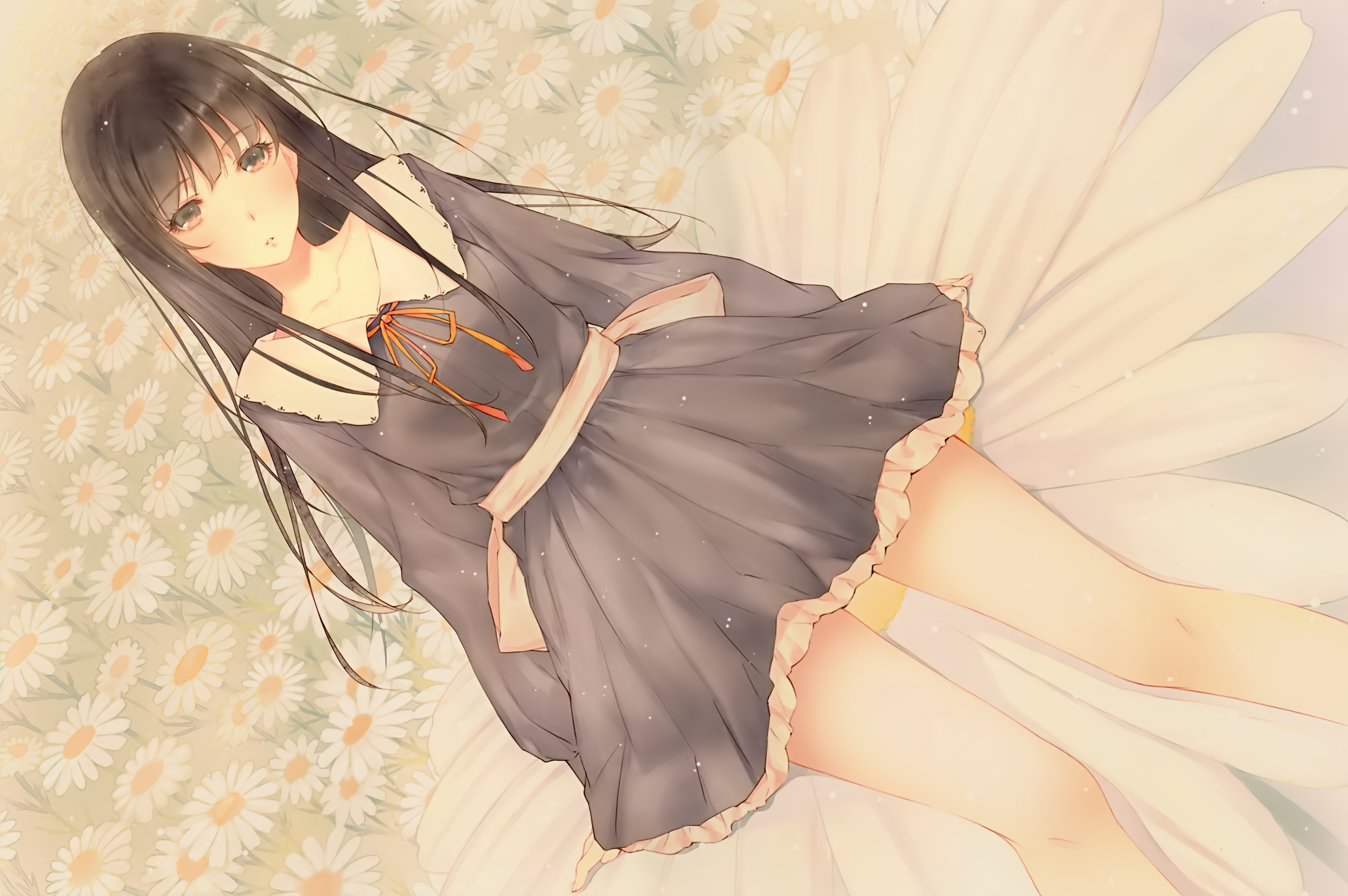 anime, anime girls, dark hair, flowers, dress, legs, HD Wallpaper