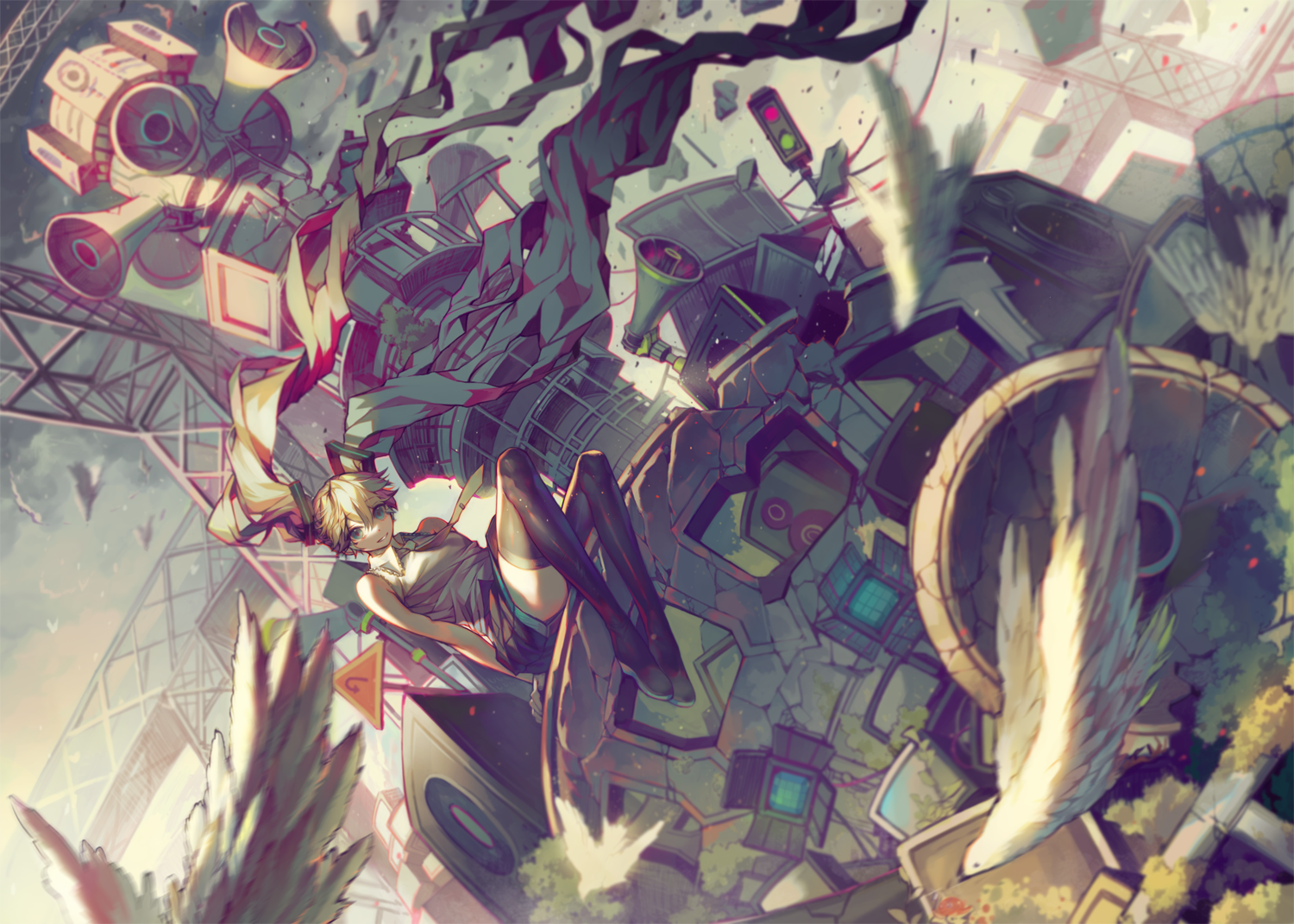 anime, anime girls, legs, blonde, birds, Hatsune Miku, Vocaloid, HD Wallpaper