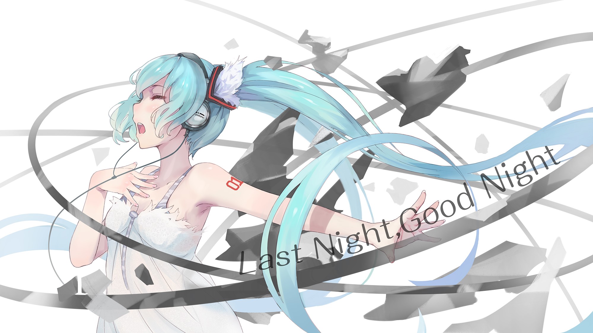anime, anime girls, open mouth, headphones, blue hair, simple background, long hair, HD Wallpaper
