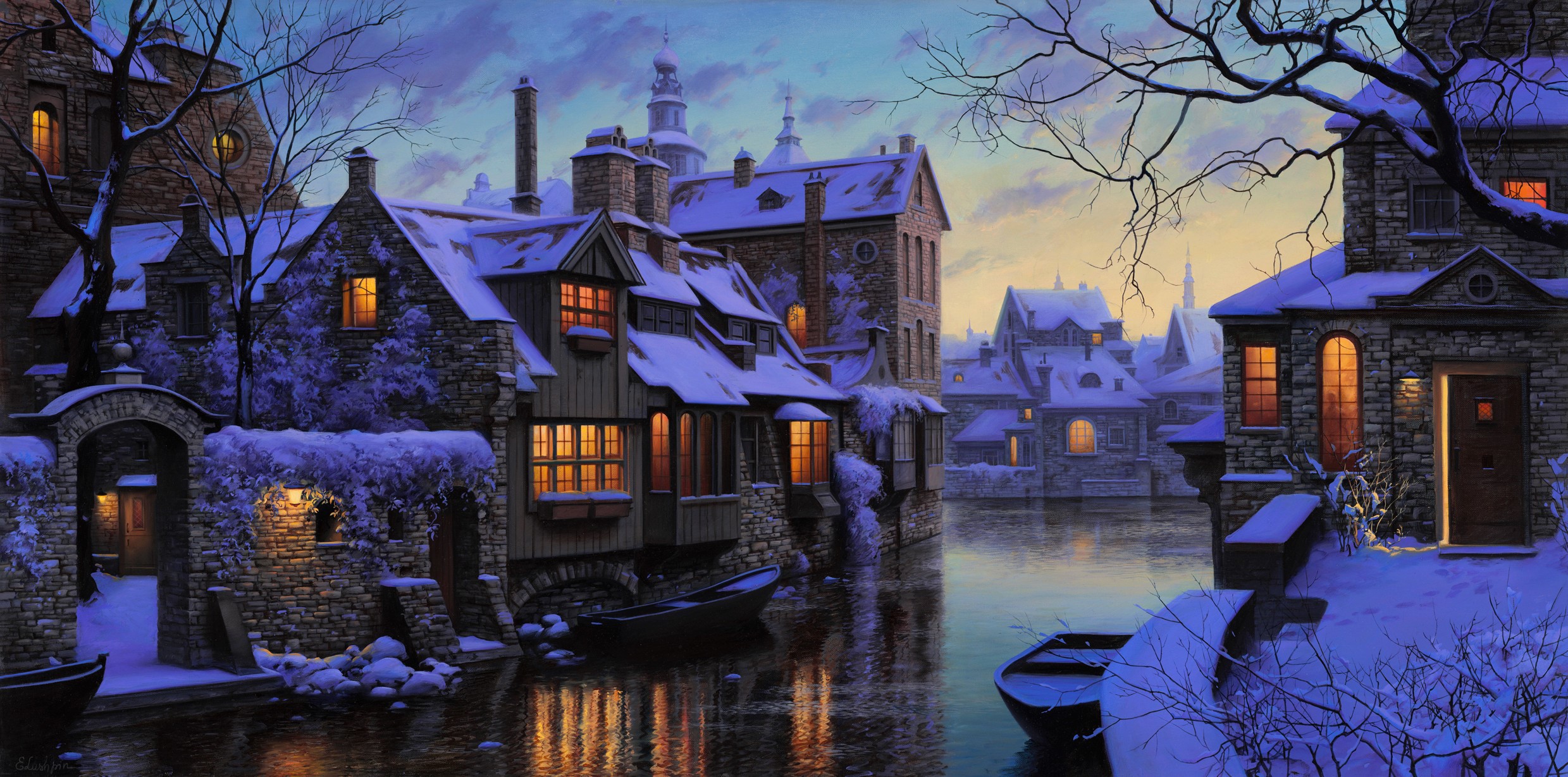 city, house, boat, night, snow, trees, Stockholm, winter, HD Wallpaper
