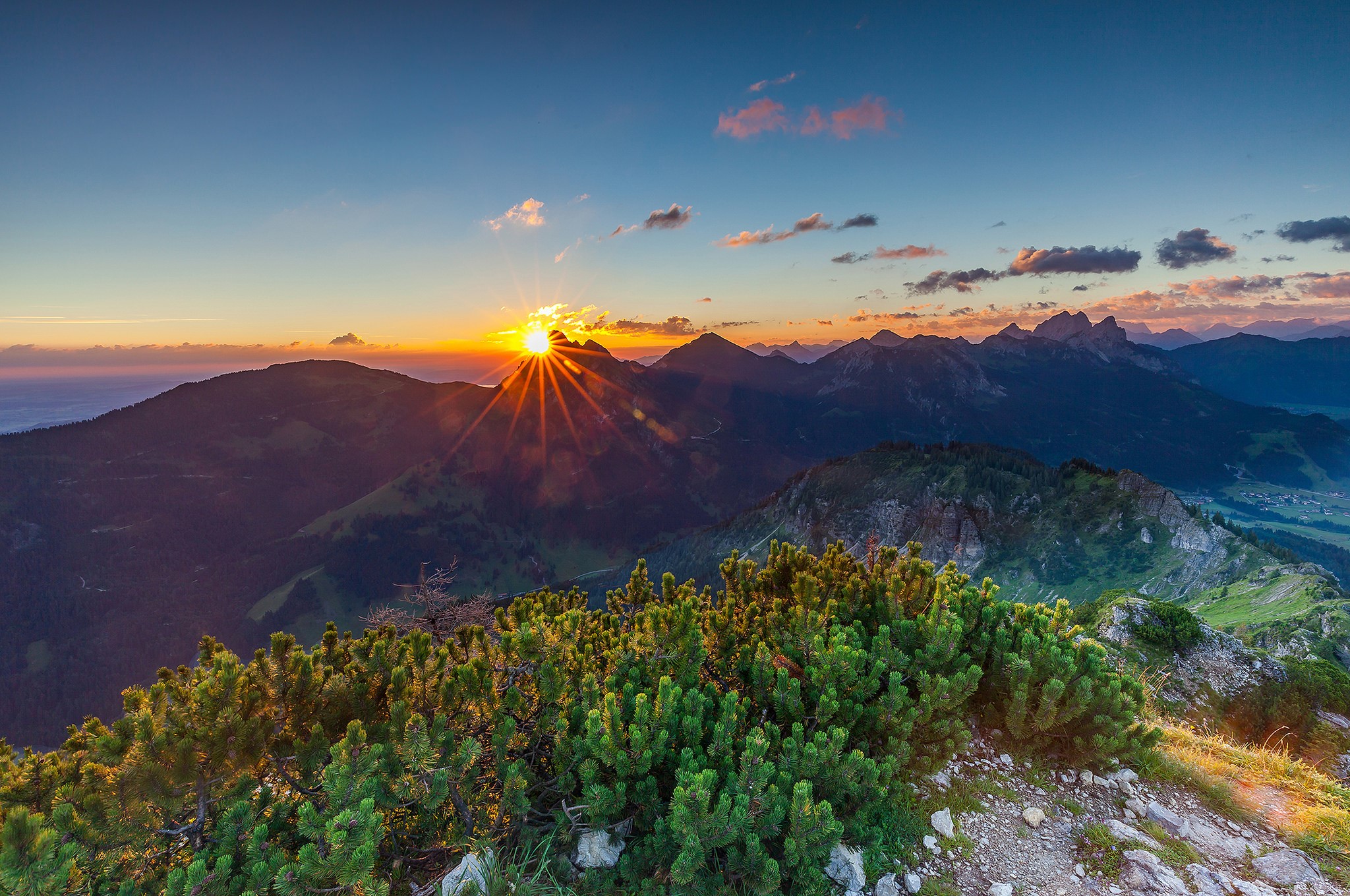 landscape, mountains, plants, Sun, clear sky, sunlight, HD Wallpaper