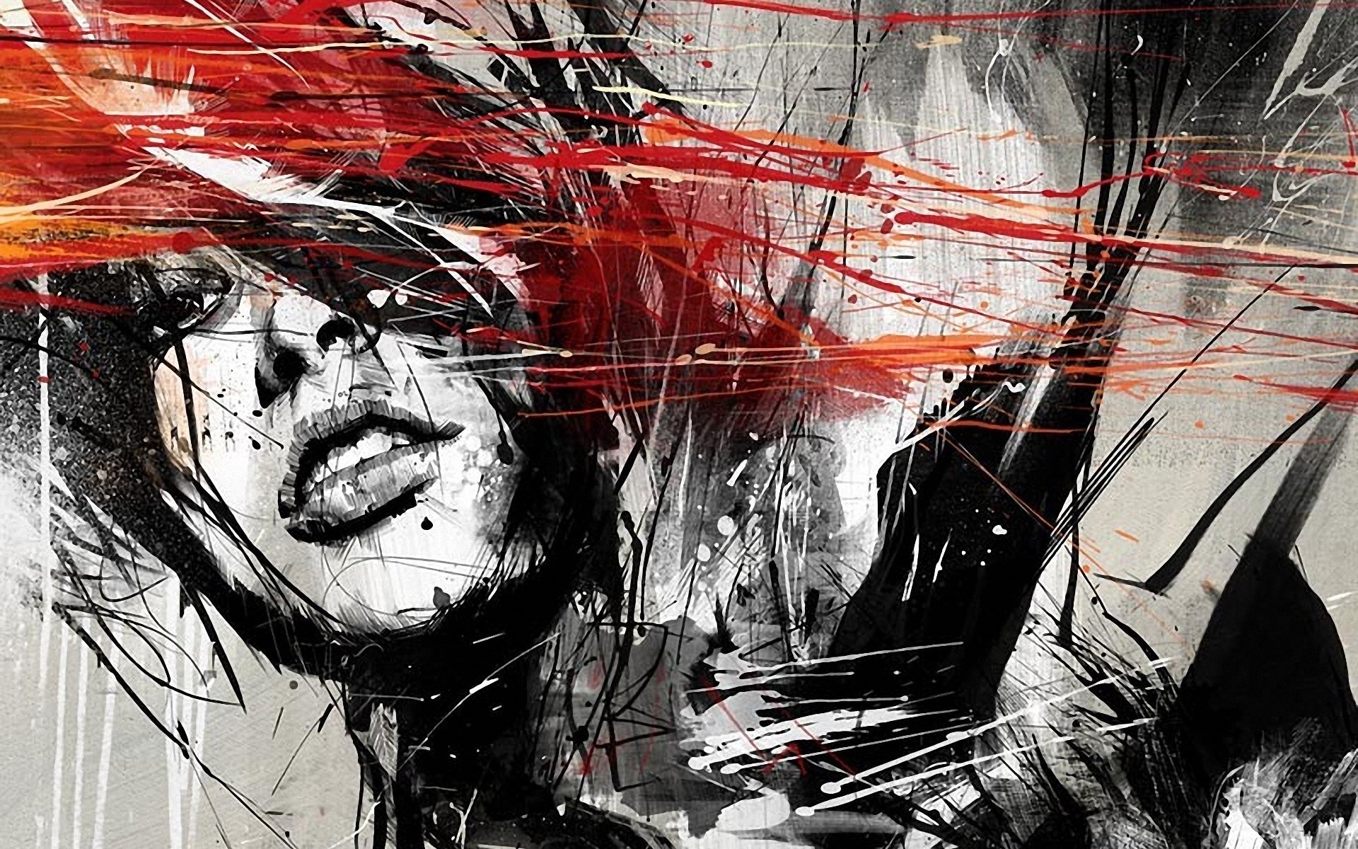 artwork, drawing, face, abstract, gray, red, lips, HD Wallpaper