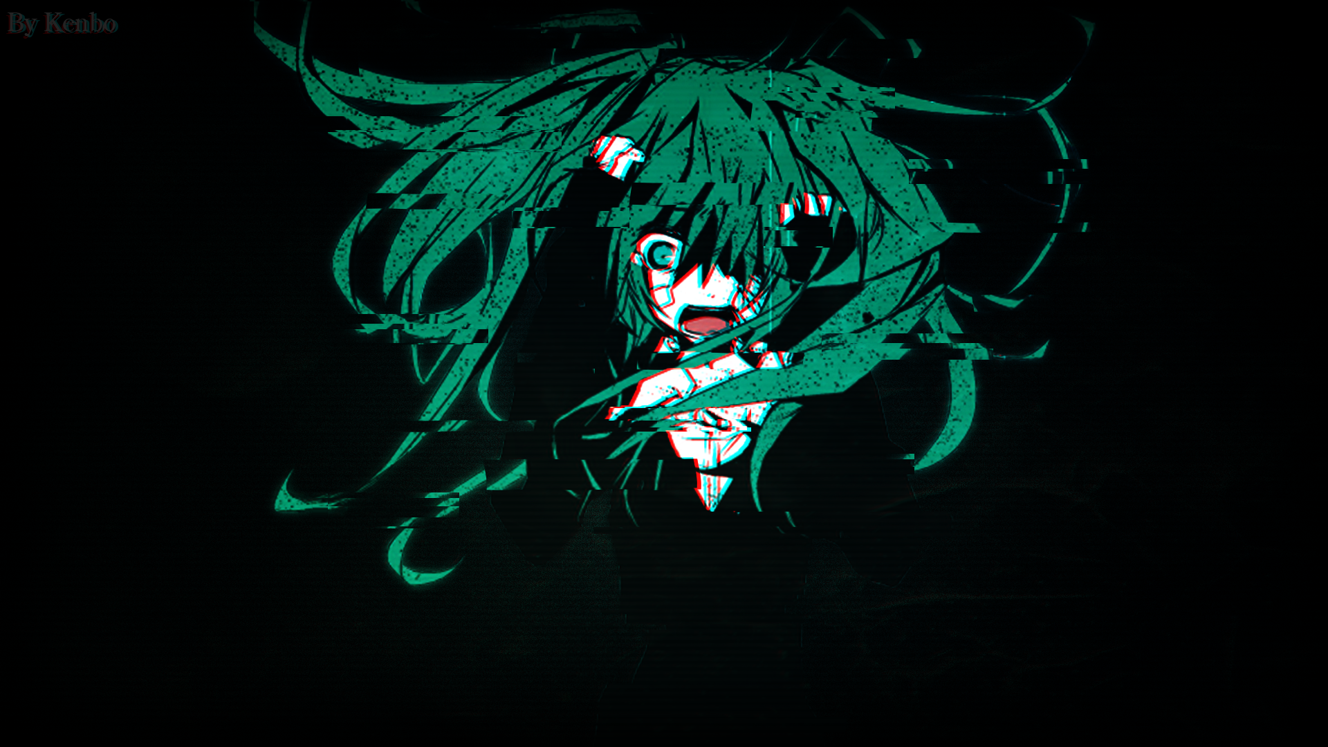 anime girls, anime, green hair, long hair, black background, HD Wallpaper