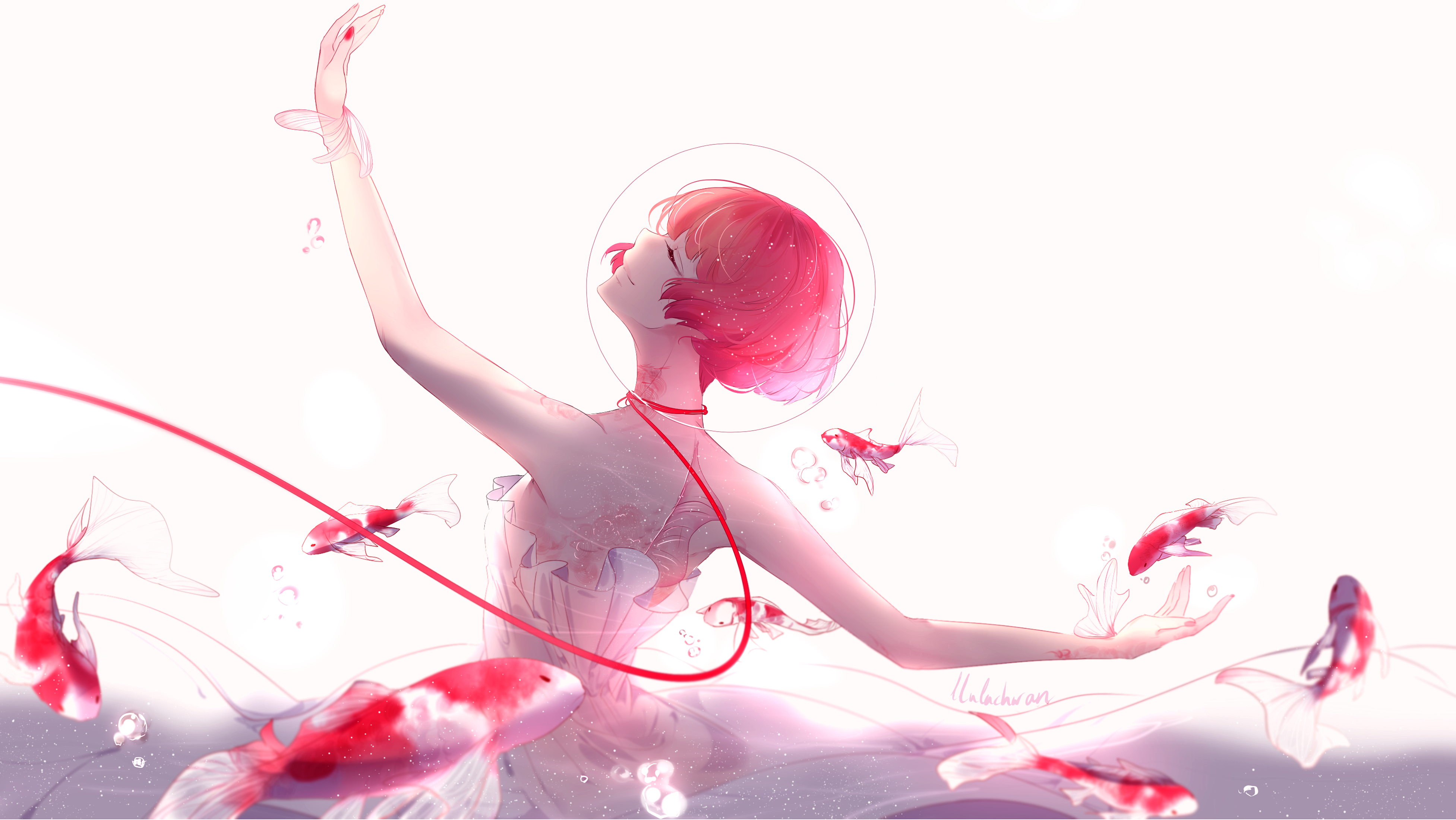 original characters, redhead, fish, HD Wallpaper