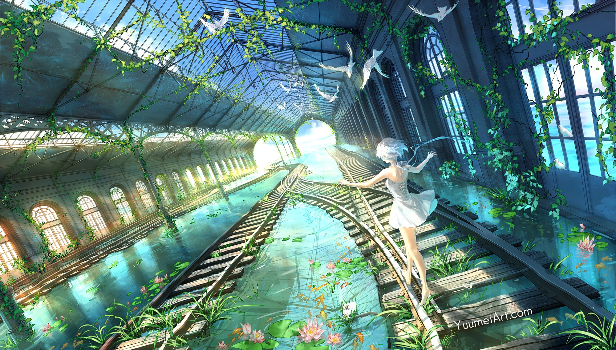 fantasy art, original characters, railroad track, pond, HD Wallpaper