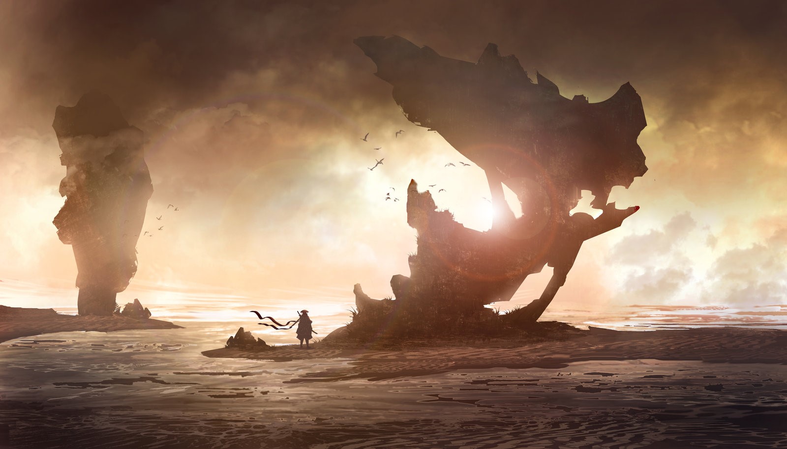 landscape, dusk, digital art, HD Wallpaper