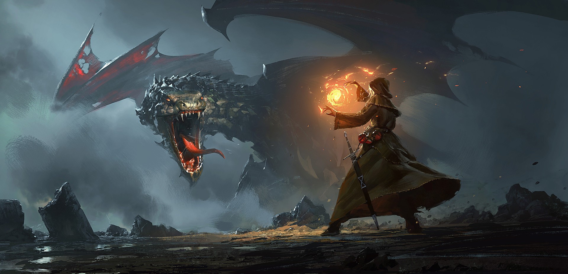 digital art, artwork, fantasy art, dragon, magician, HD Wallpaper