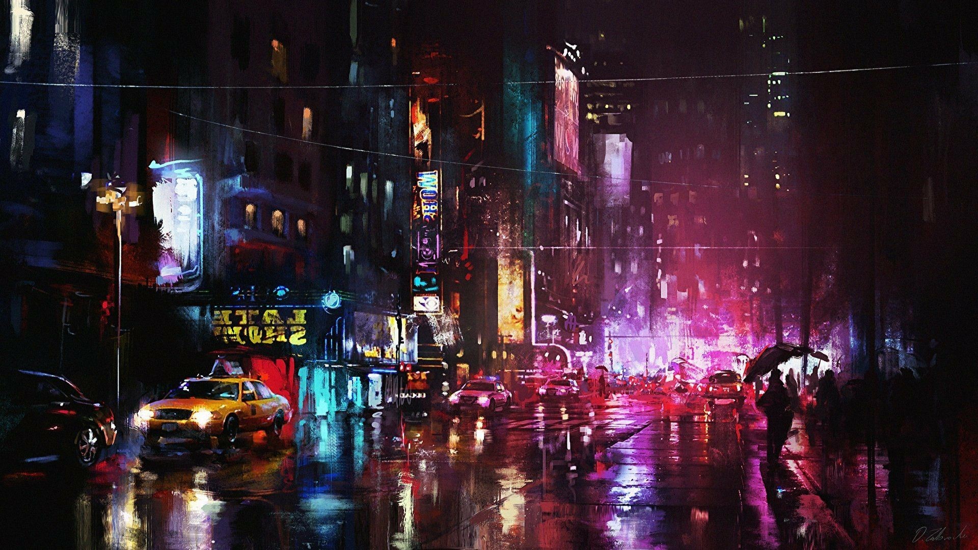 Darek Zabrocki, cityscape, artwork, night, urban, neon glow, city lights, reflection, pink, HD Wallpaper