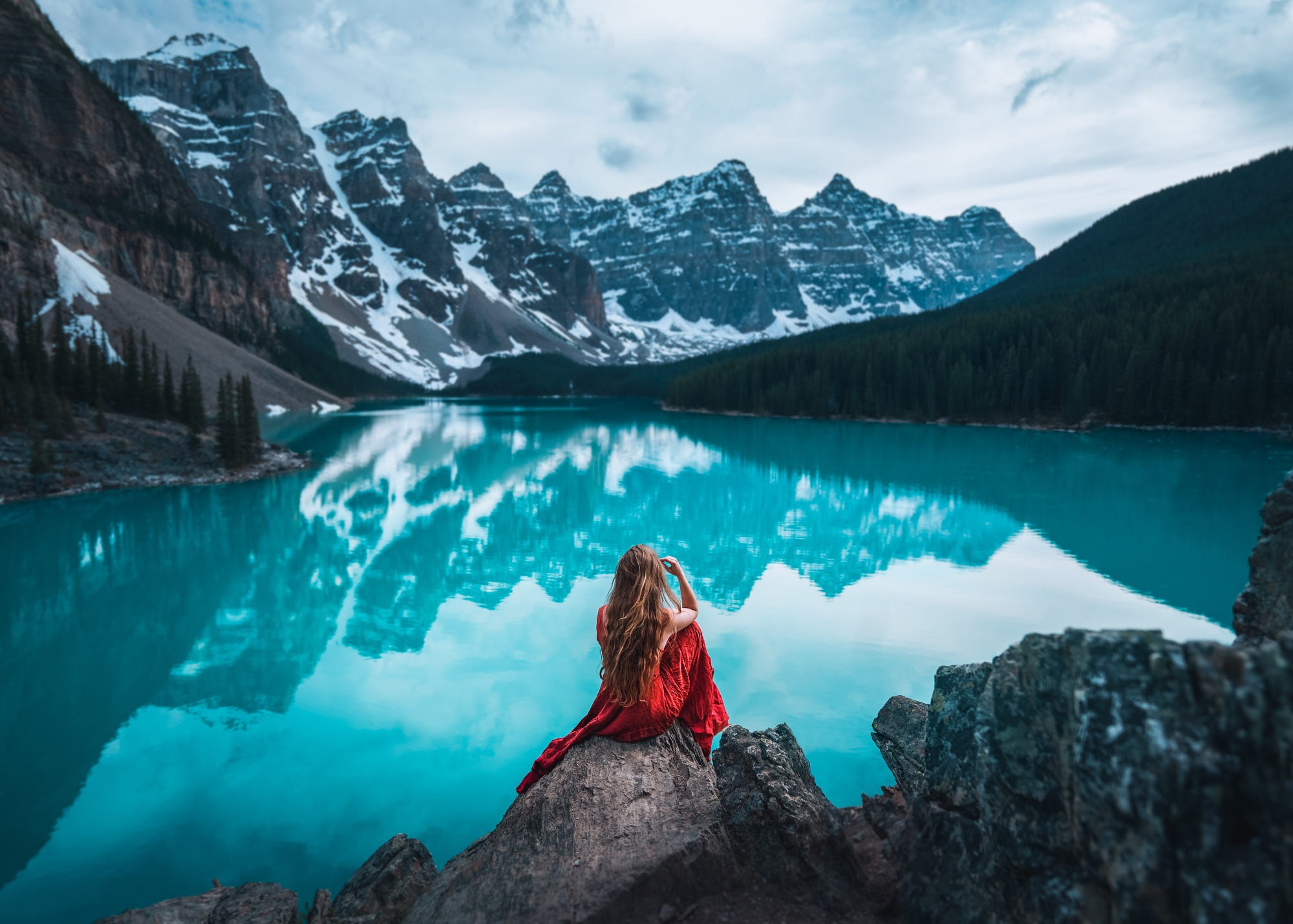 landscape, women, red dress, blonde, mountains, lagoon, plants, water, HD Wallpaper