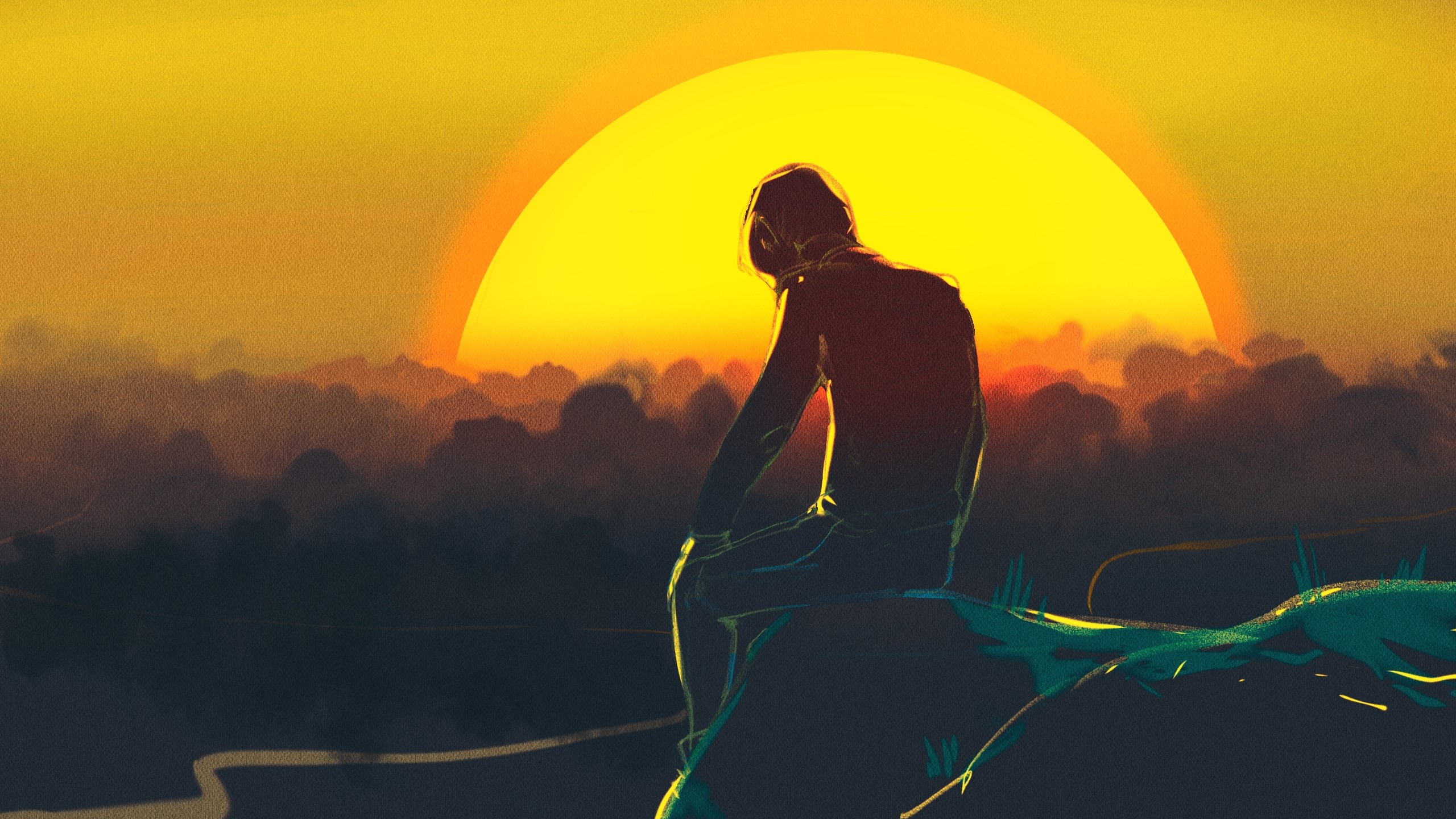 landscape, sunset, original characters, Sun, sky, dark, sitting, HD Wallpaper