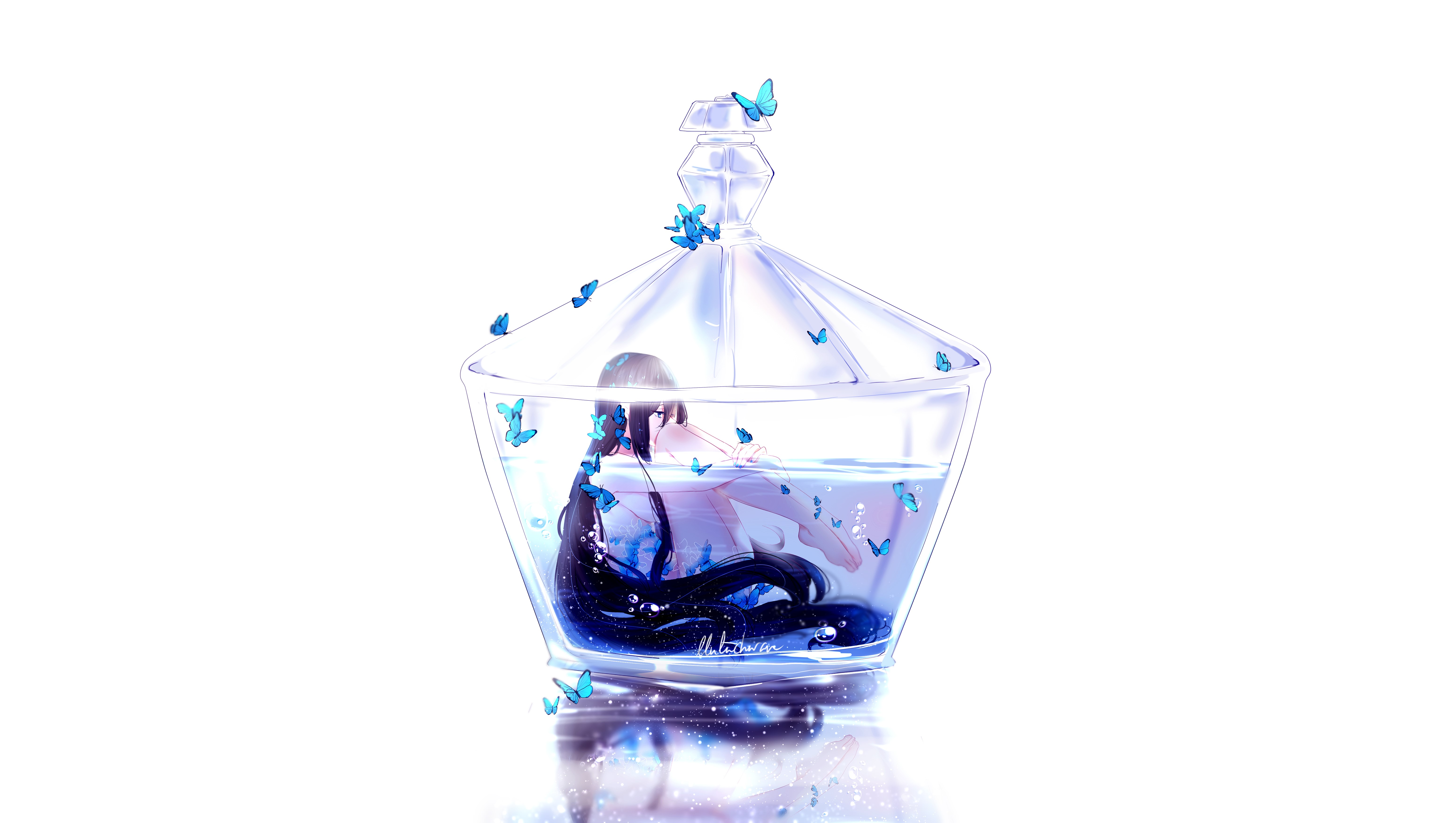 original characters, butterflies, Perfume (Band), simple background, anime girls, anime, flakon, white background, barefoot, dark hair, long hair, HD Wallpaper