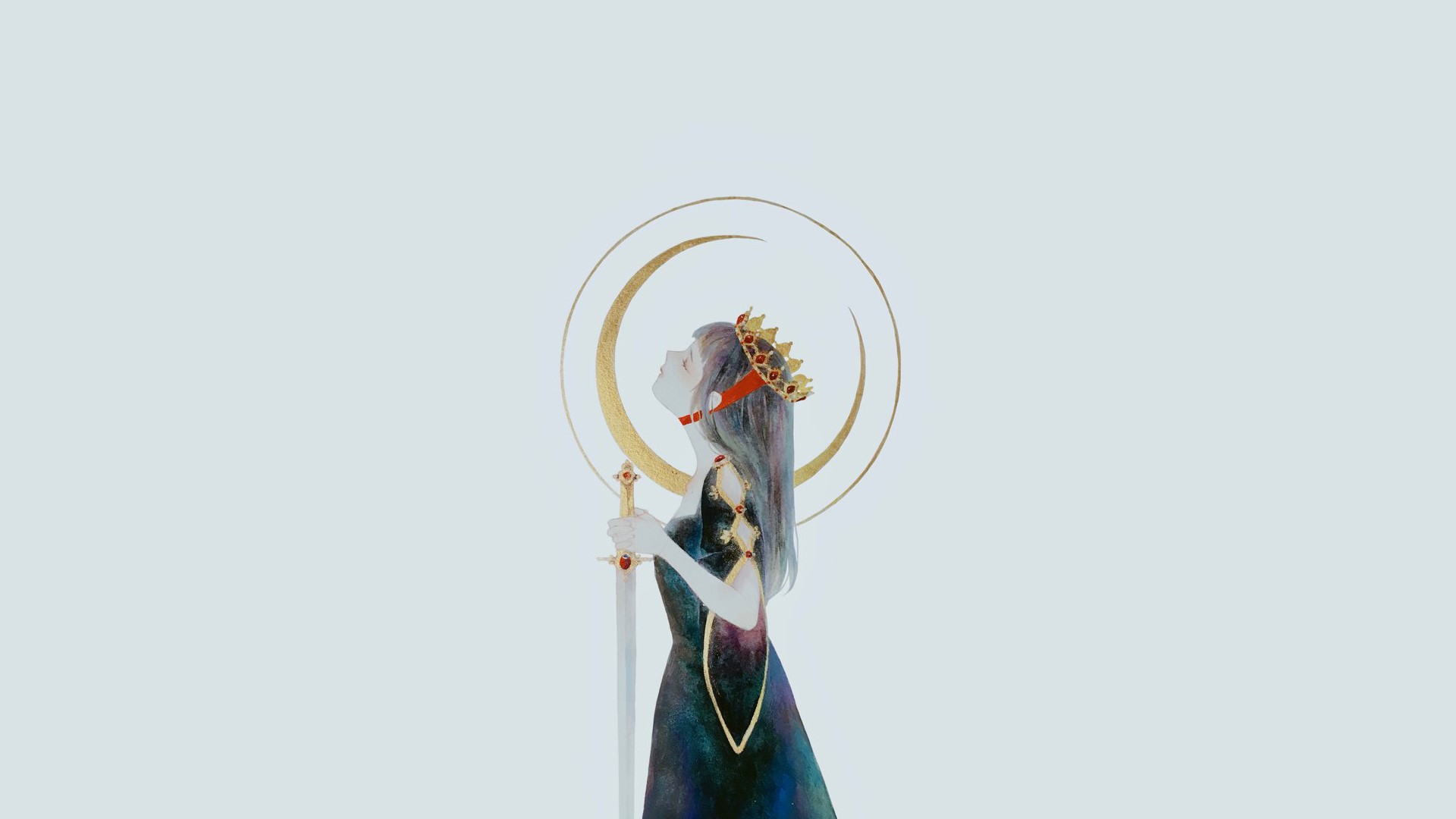 anime, original characters, crown, princess, anime girls, simple background, sword, closed eyes, HD Wallpaper