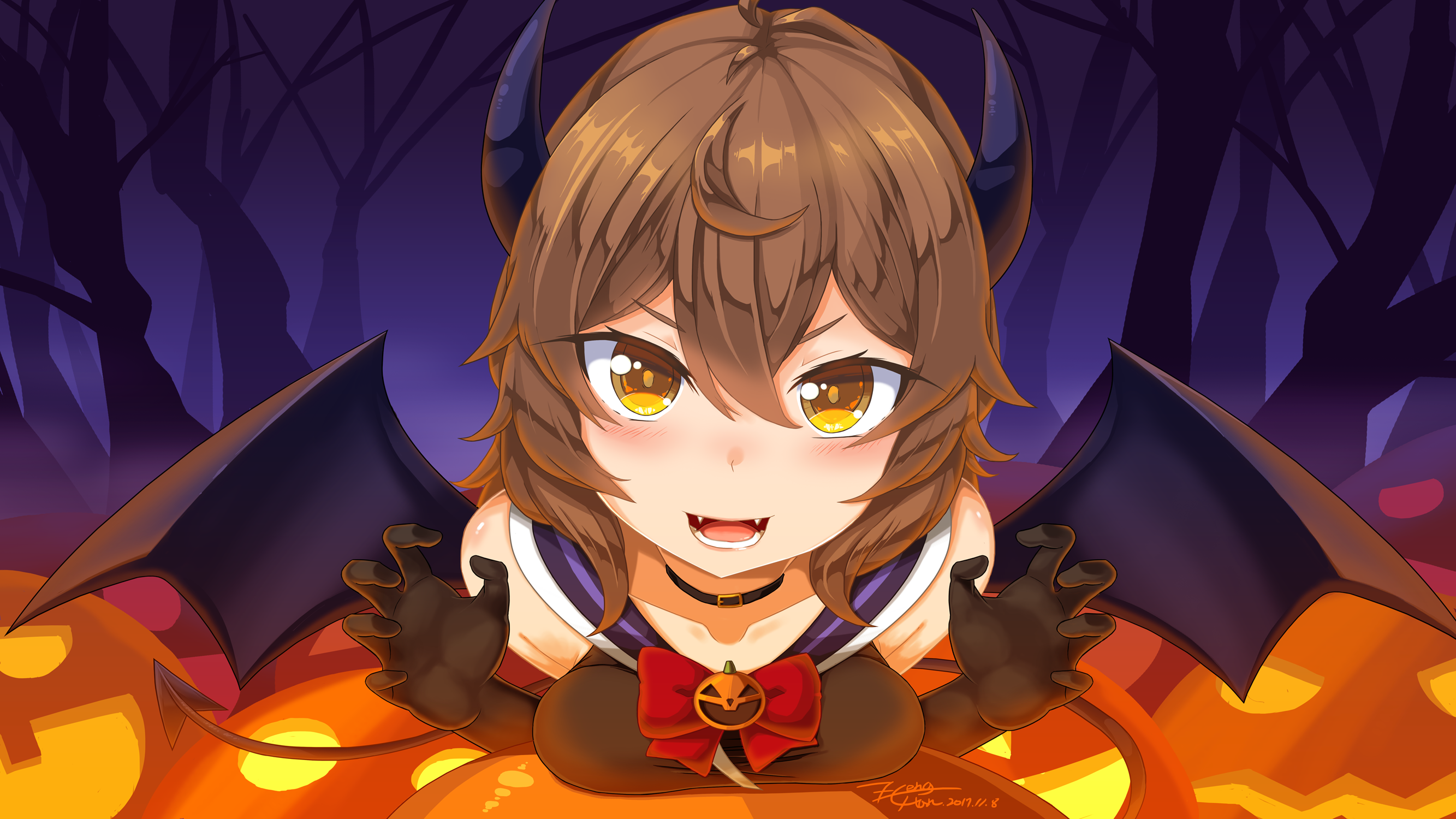 pumpkin, Halloween, Dungeon ni Deai wo Motomeru no wa Machigatteiru Darou ka, Arde Liliruca, Black wings, horns, HD Wallpaper