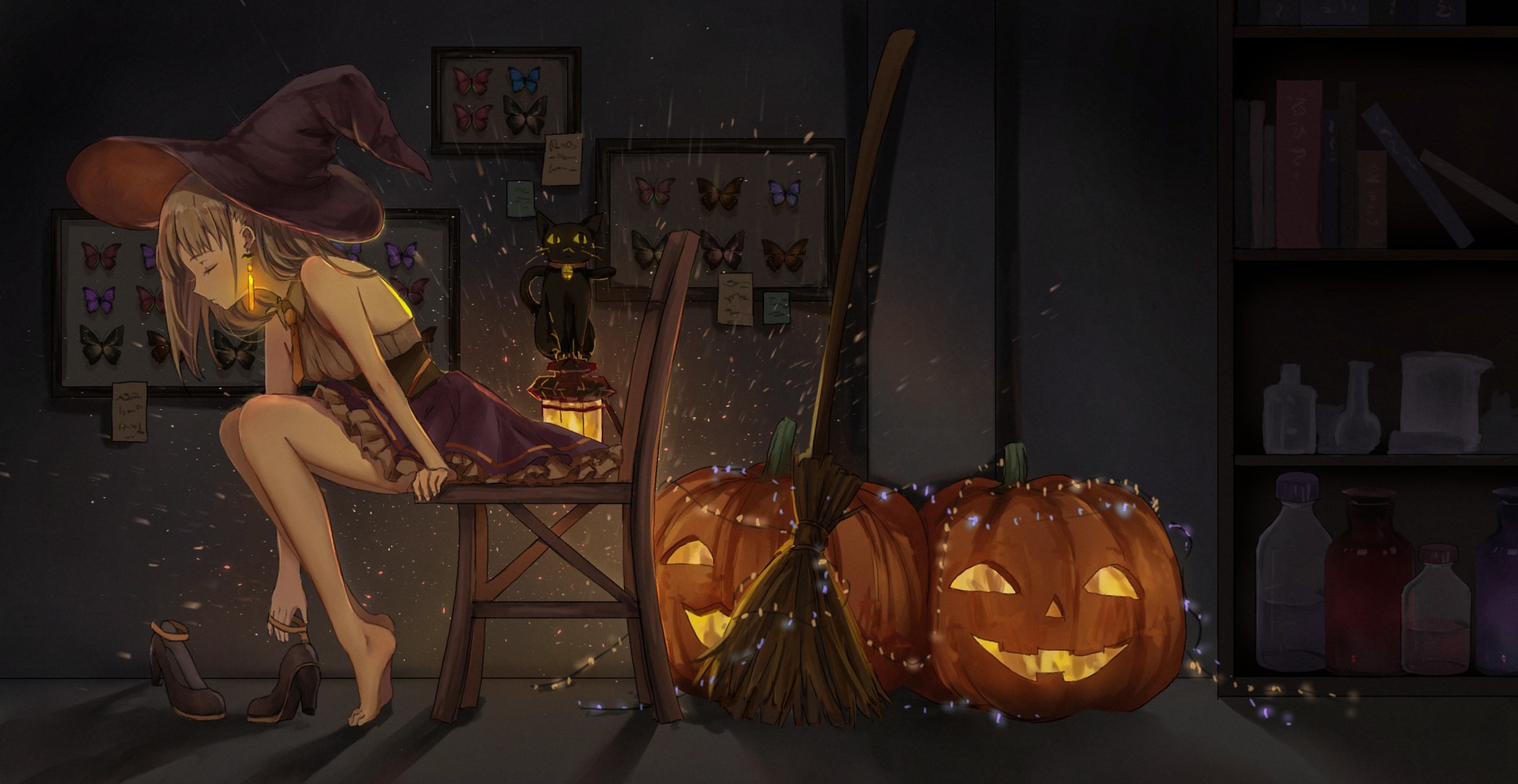 pumpkin, witch hat, hat, Halloween, witch, barefoot, brunette, butterfly, cats, dark, paper, short hair, tie, catzz, HD Wallpaper
