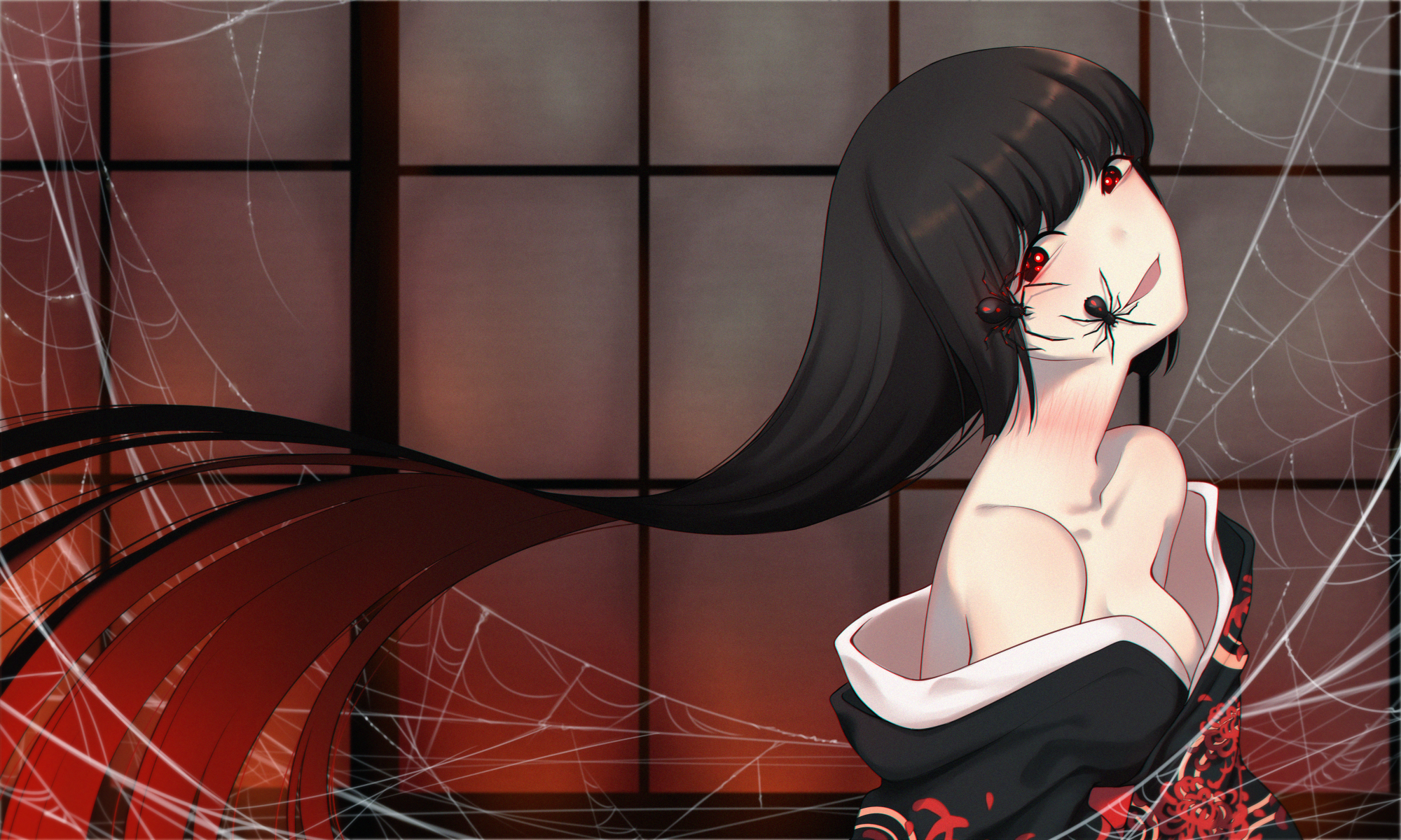Halloween, spider, Japanese clothes, kimono, long hair, red eyes, HD Wallpaper
