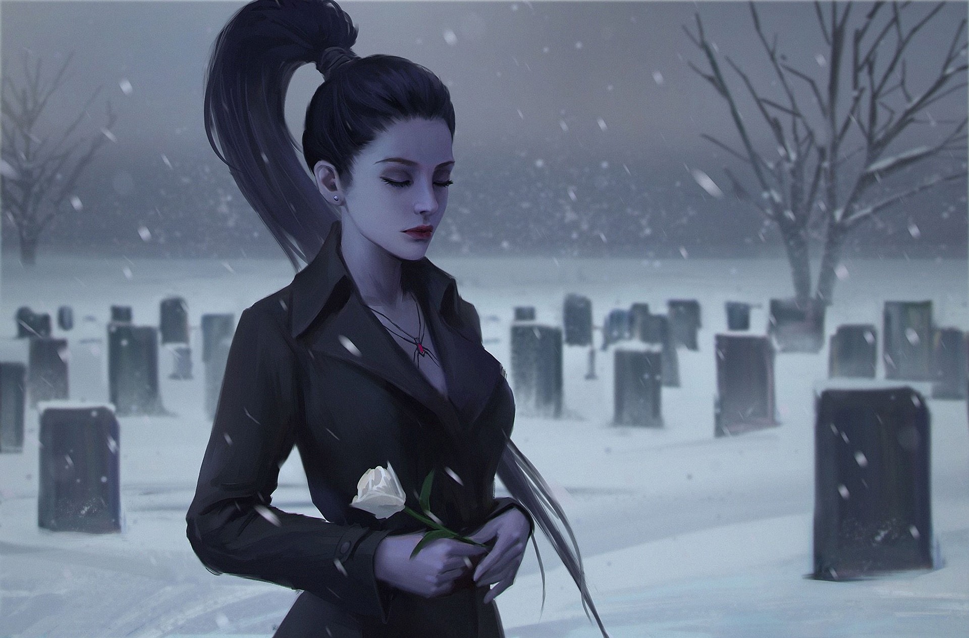 digital art, artwork, Blizzard Entertainment, video games, Overwatch, Widowmaker (Overwatch), women, graveyards, front angle view, HD Wallpaper