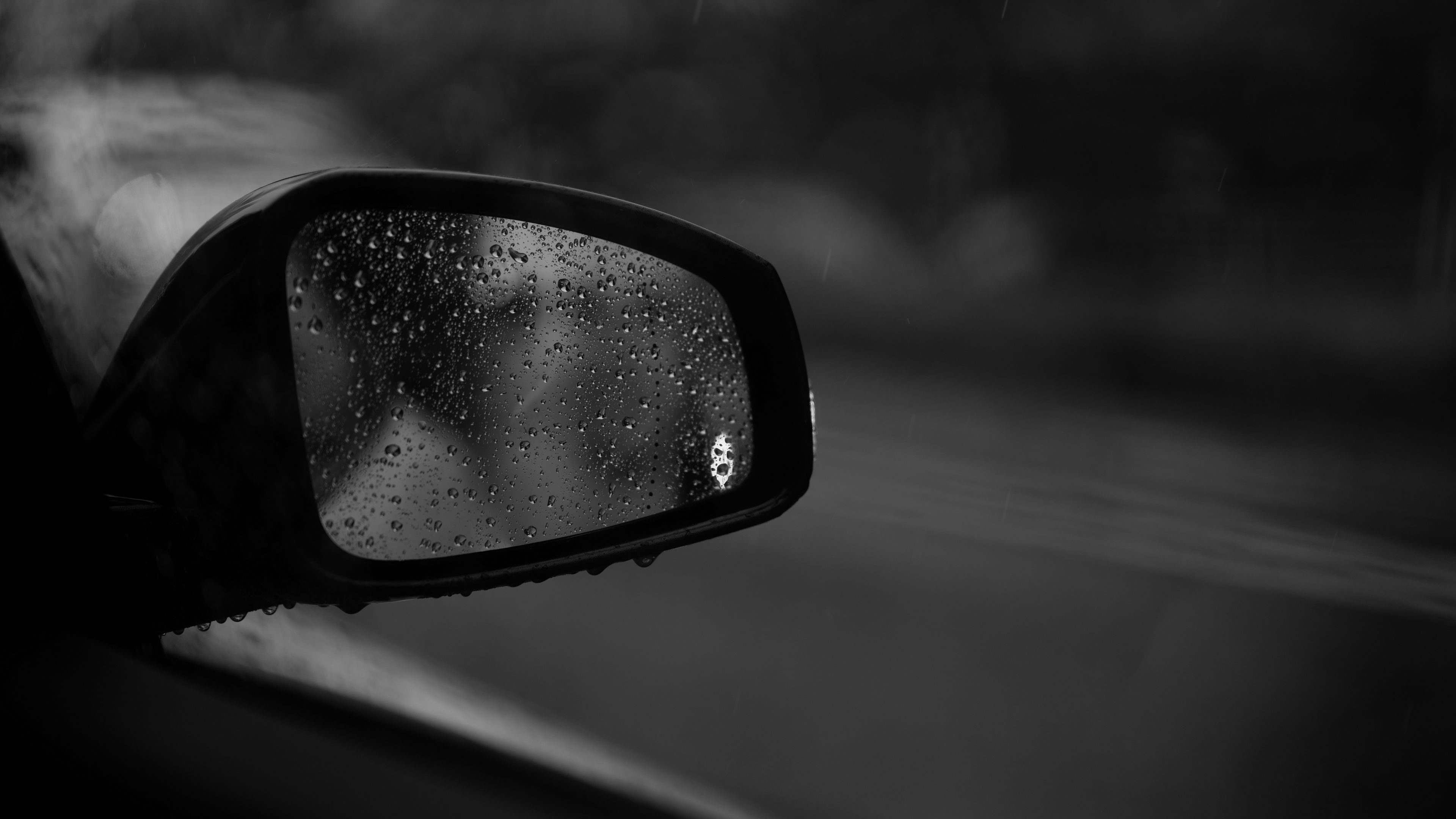 drops, glass, bw, mirror, car, 4k, HD Wallpaper