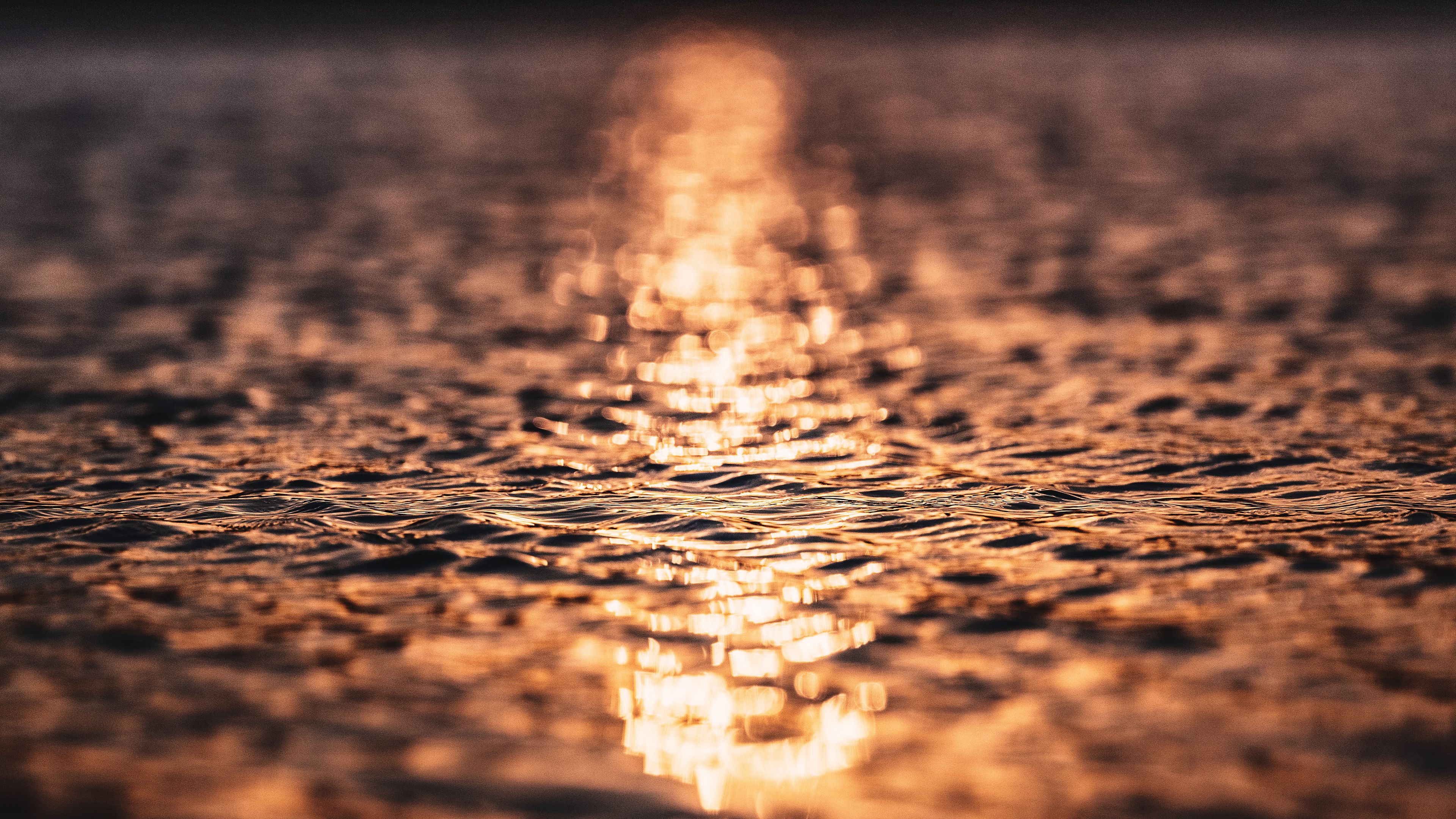 water, sunset, blur, glare, 4k, HD Wallpaper