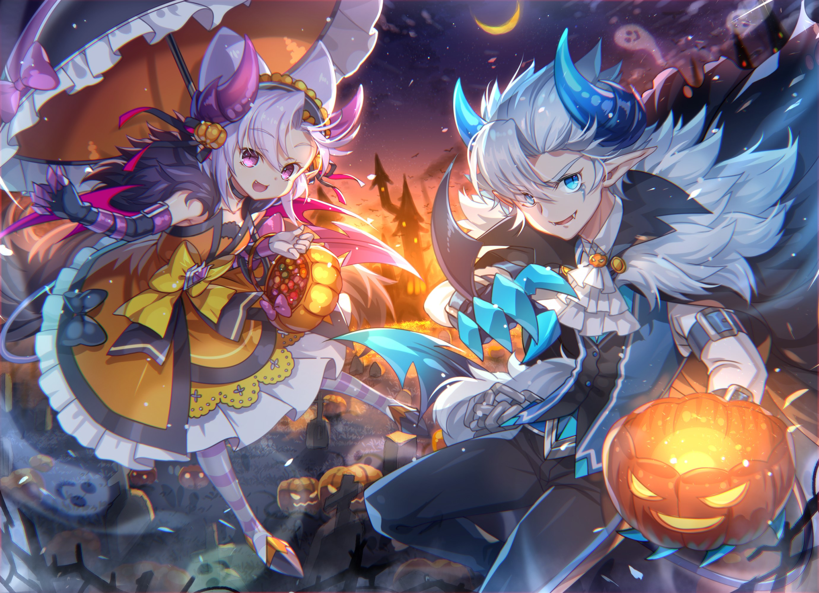 aqua eyes, Halloween, loli, Male, pink eyes, pumpkin, purple hair, white hair, HD Wallpaper