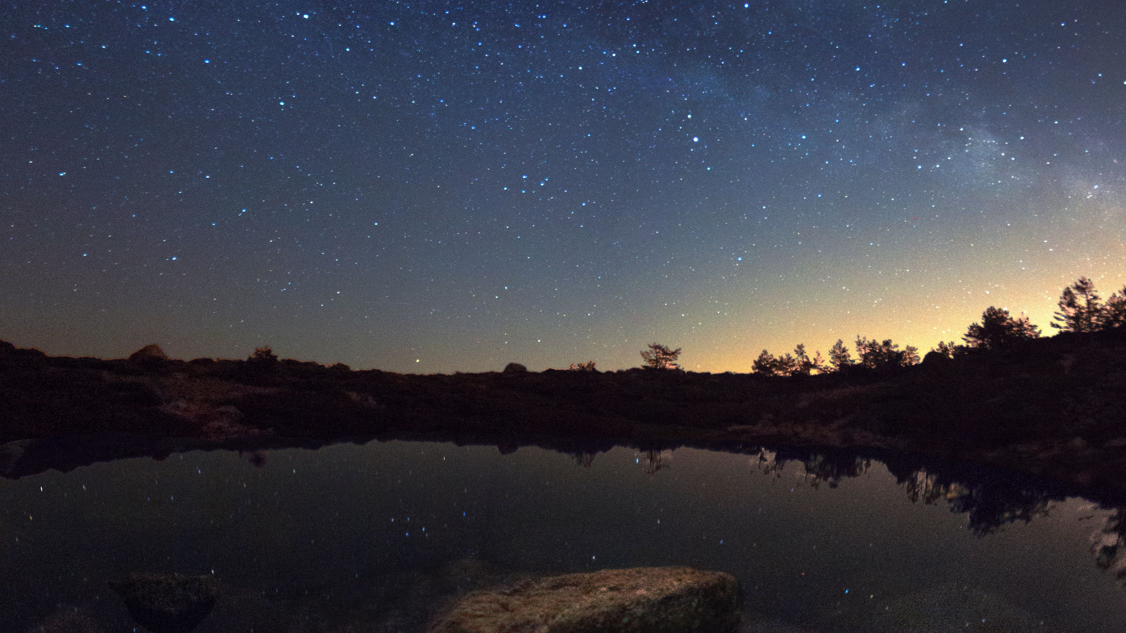 starry sky, lake, night, horizon, reflection, 4k, HD Wallpaper