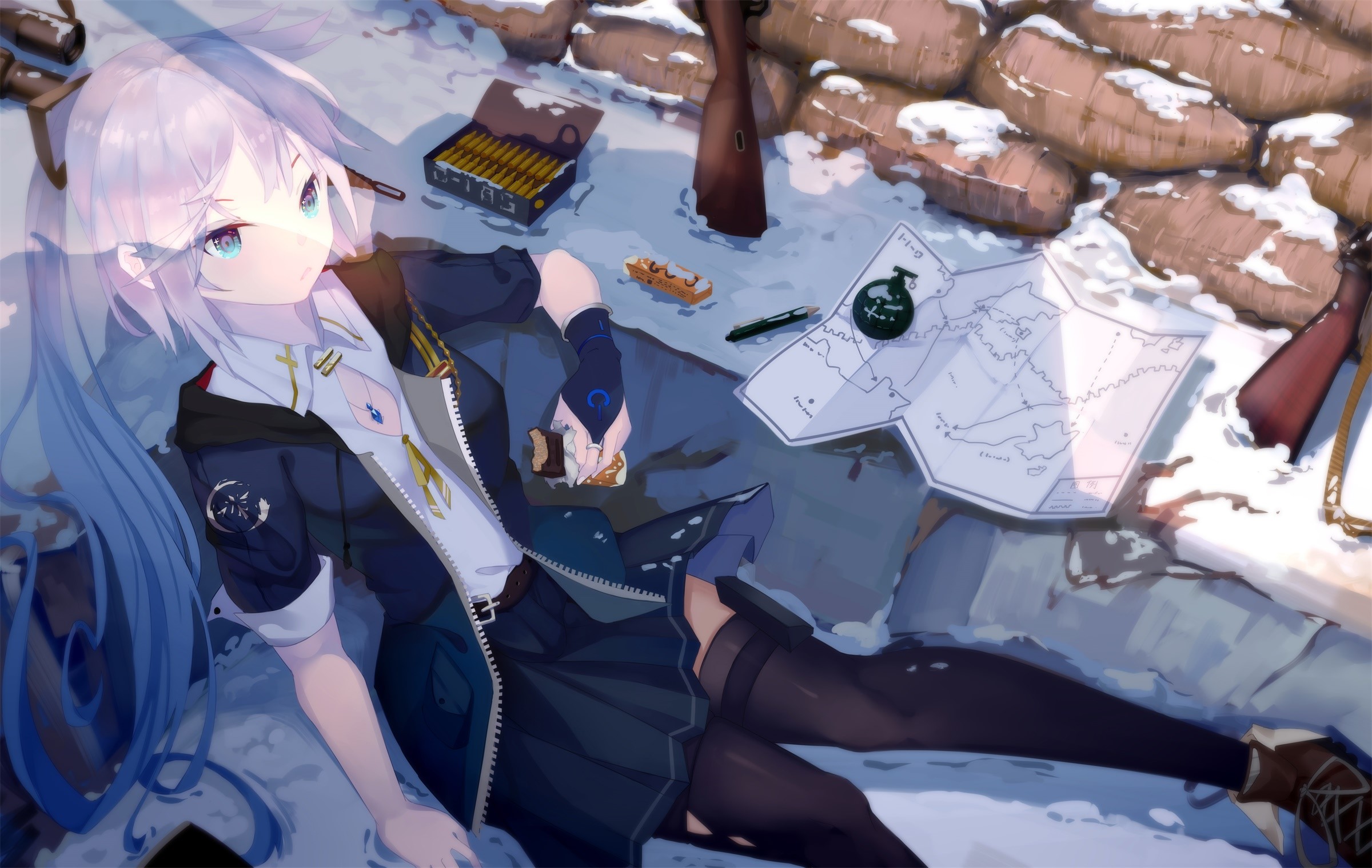 anime, anime girls, blue eyes, snow, stockings, long hair, HD Wallpaper