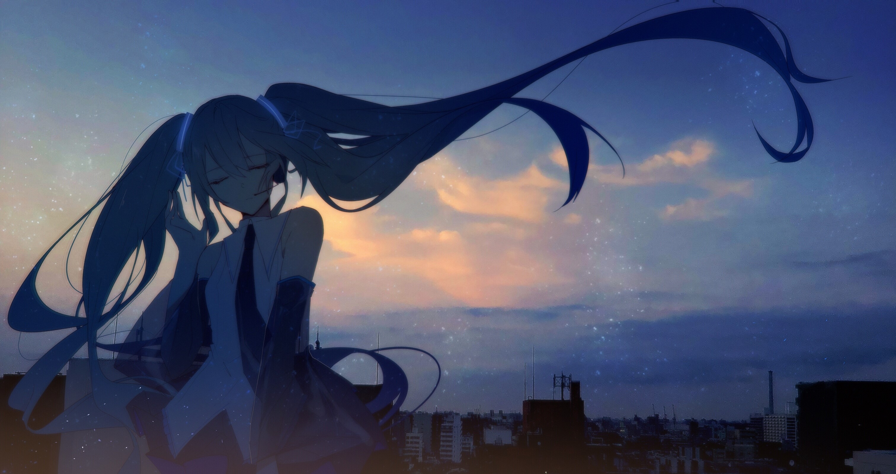 anime, anime girls, dark, closed eyes, cityscape, long hair, Hatsune Miku, Vocaloid, HD Wallpaper