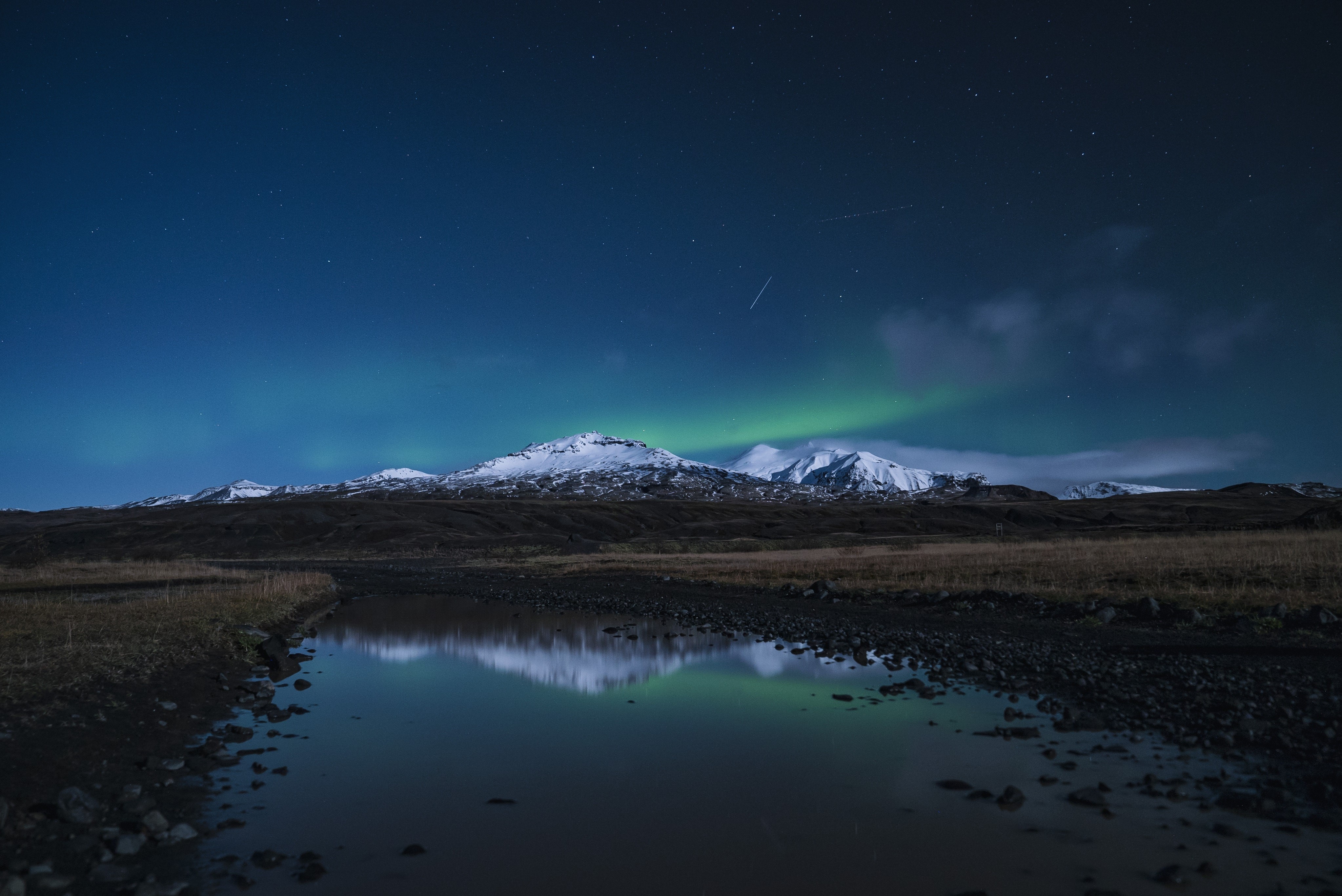 mountains, snow, landscape, starry night, stars, HD Wallpaper