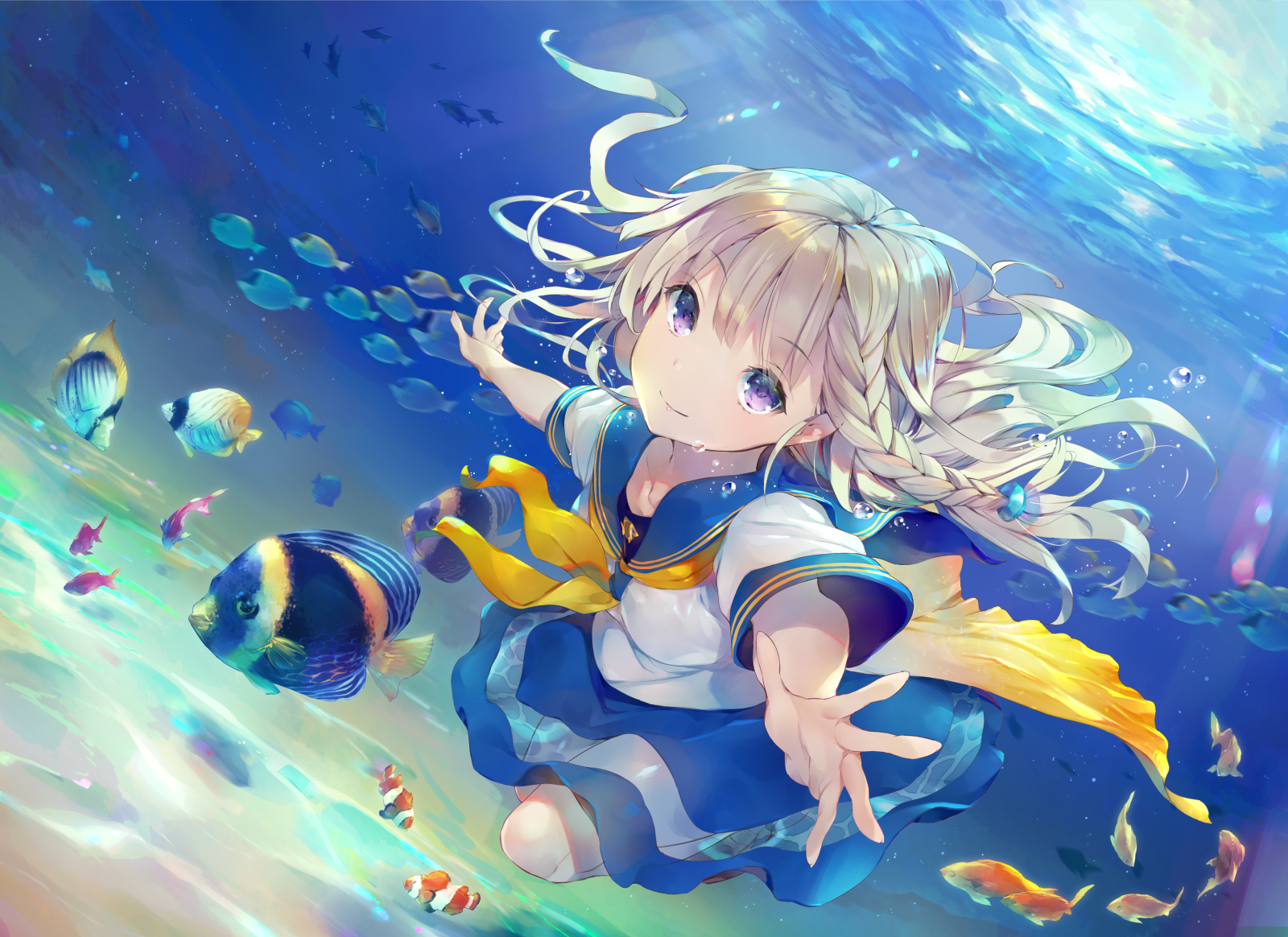 anime, anime girls, underwater, blonde, fish, sea, animals, HD Wallpaper