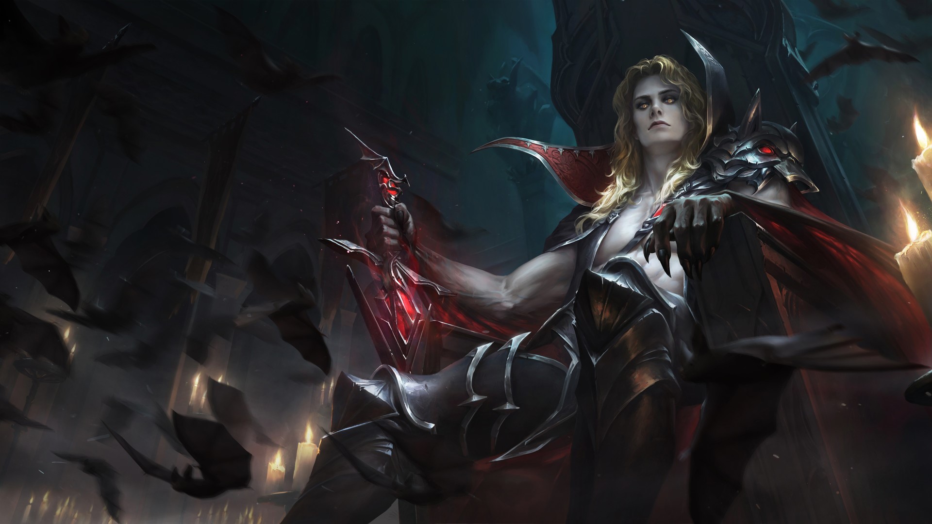 digital art, artwork, video games, blonde, orange eyes, men, fantasy art, throne, armour, sword, bats, dark, HD Wallpaper