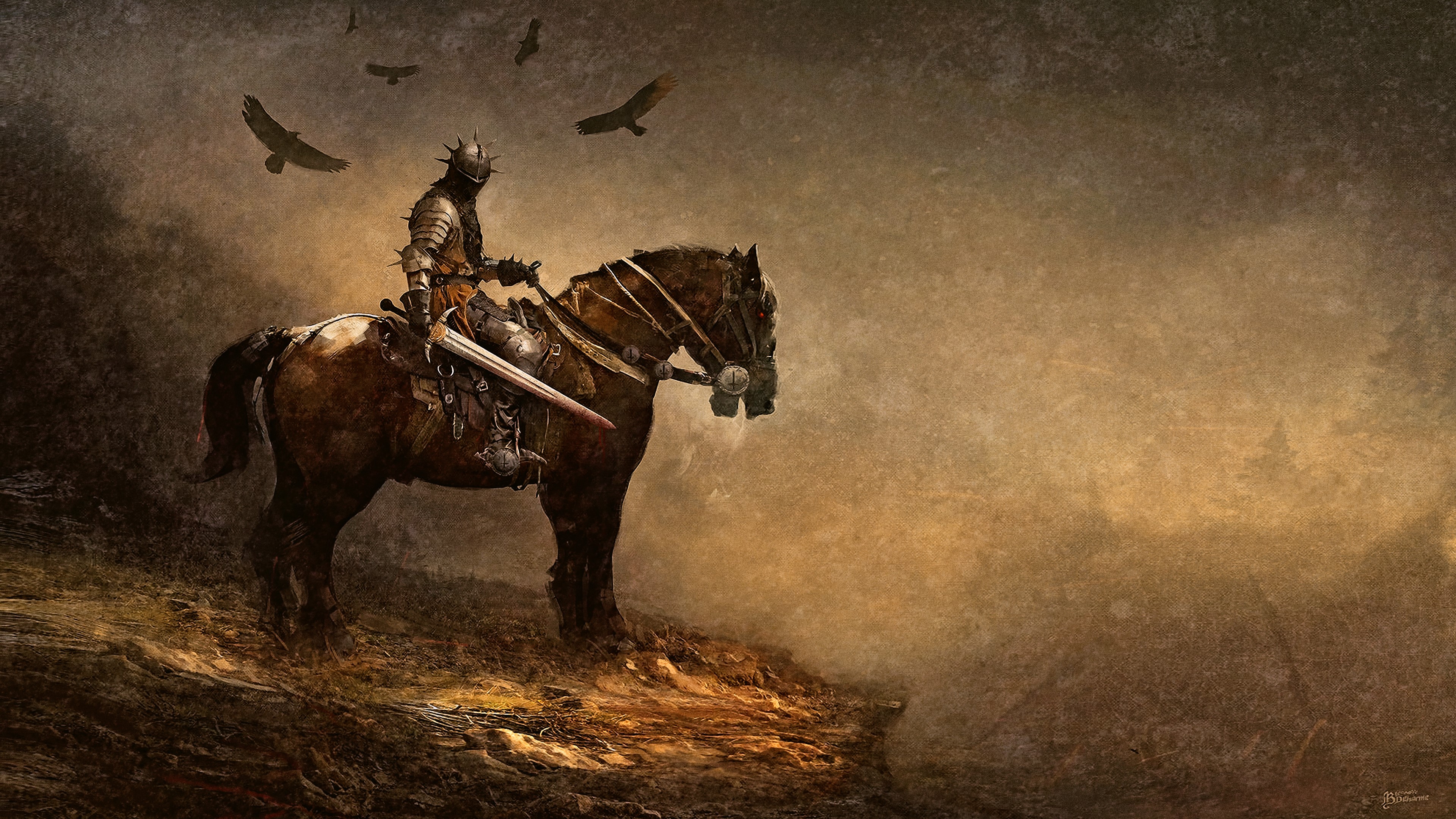 fantasy art, artwork, fan art, concept art, dark, animals, horse, sword, armor, helmet, HD Wallpaper