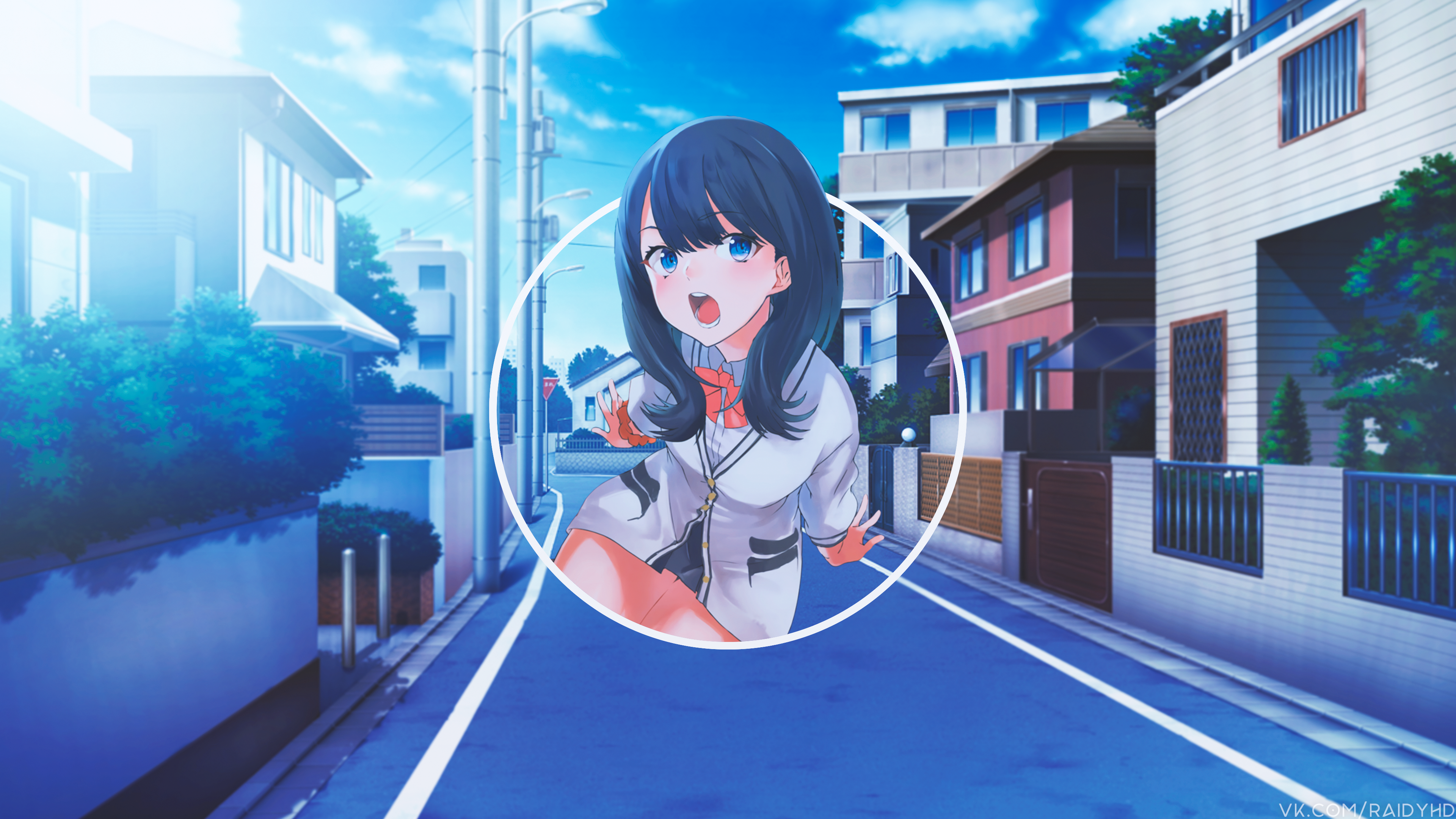 anime, anime girls, picture-in-picture, urban, open mouth, blue eyes, Takarada Rikka, HD Wallpaper