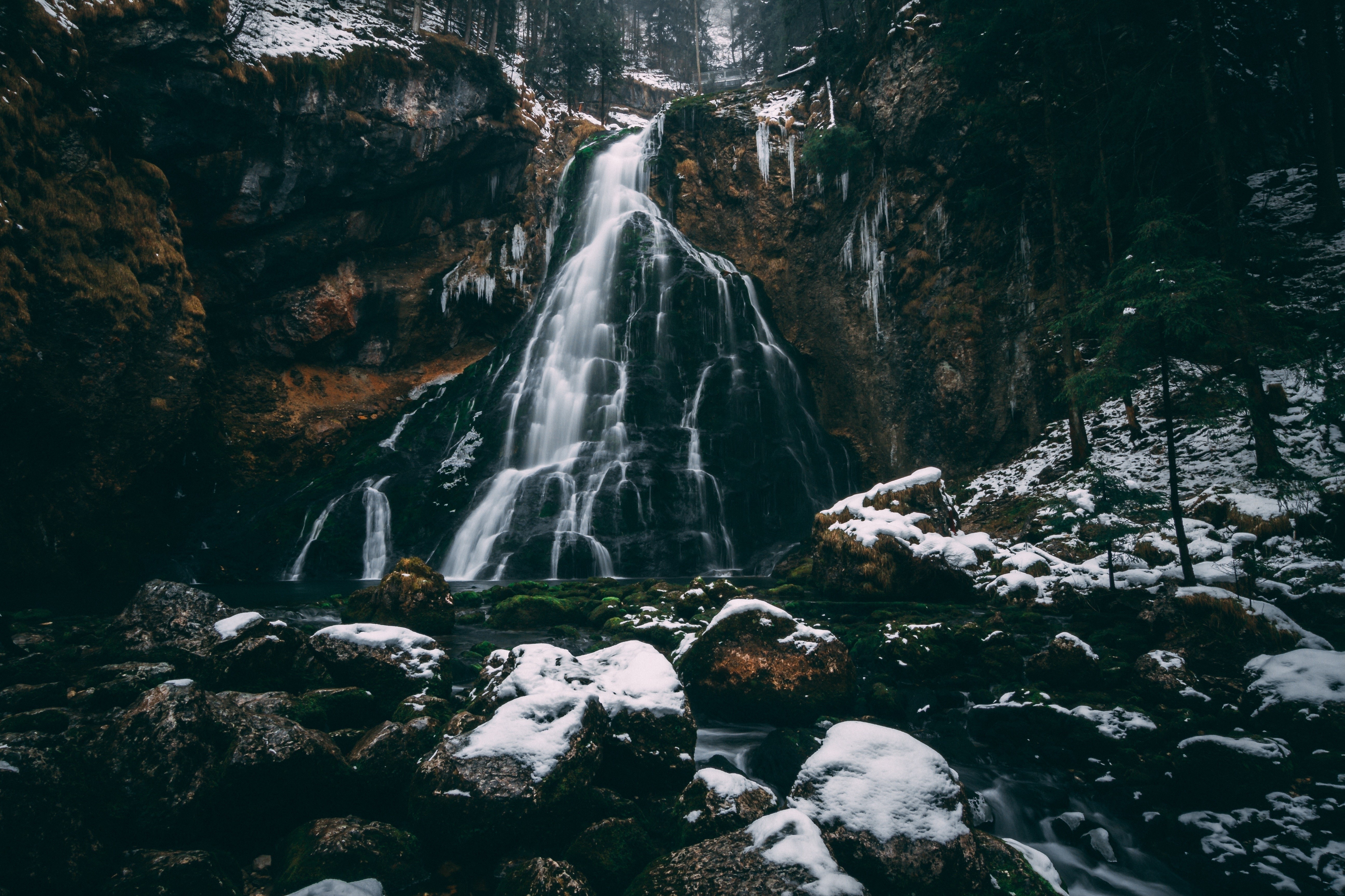 rocks, waterfall, forest, nature, dark, snow, winter, HD Wallpaper