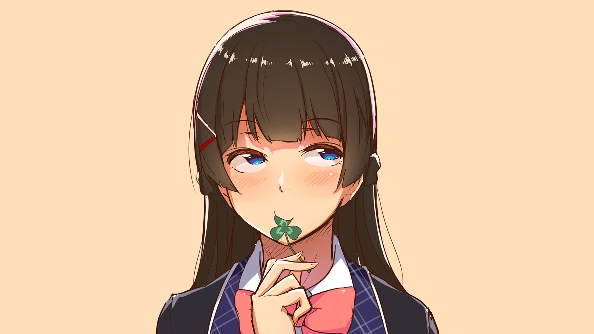 anime, manga, anime girls, simple background, minimalism, Nijisanji, Tsukino Mito, brunette, long hair, clovers, schoolgirl, school uniform, HD Wallpaper