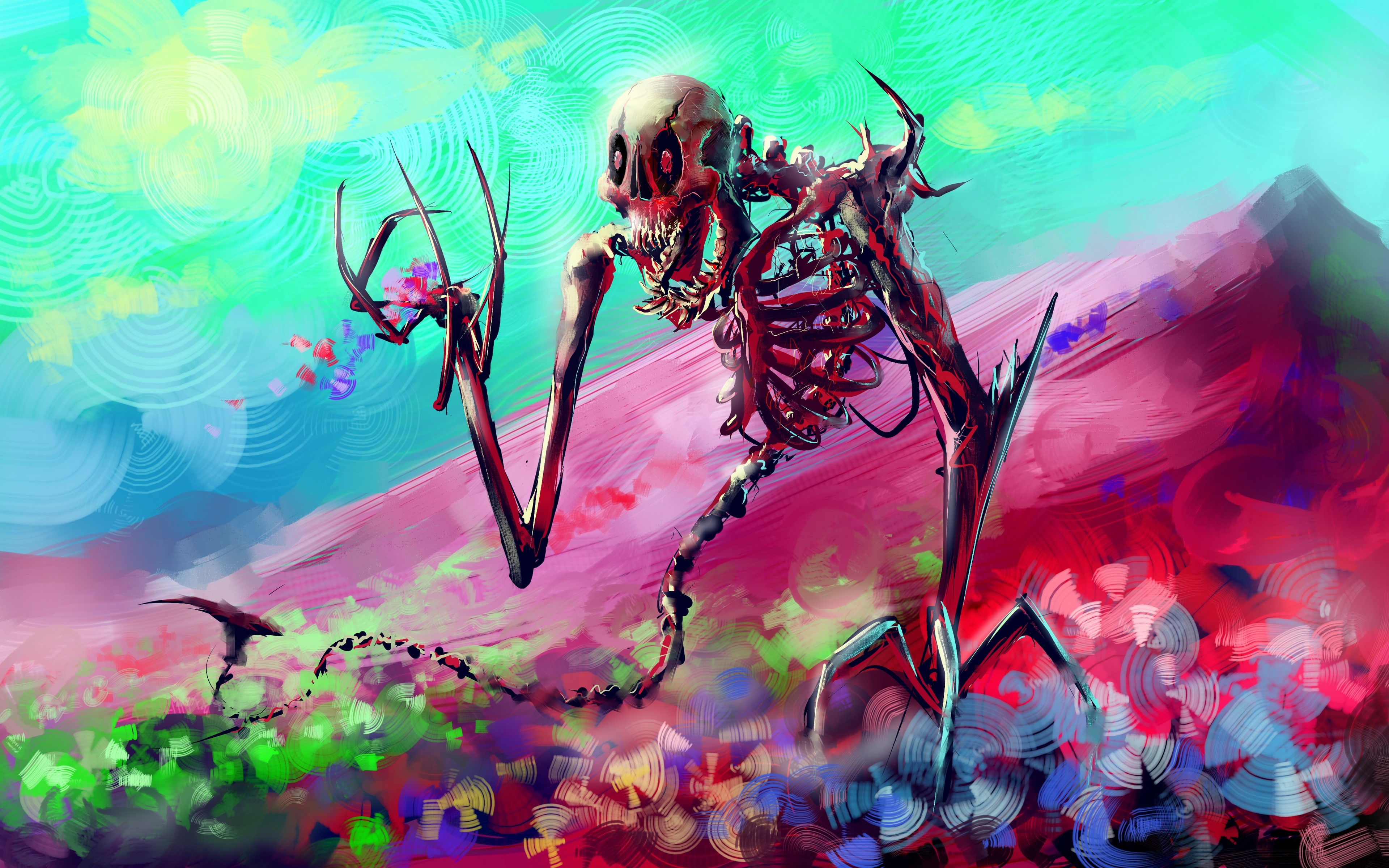 skeleton, digital art, artwork, flowers, mountains, HD Wallpaper