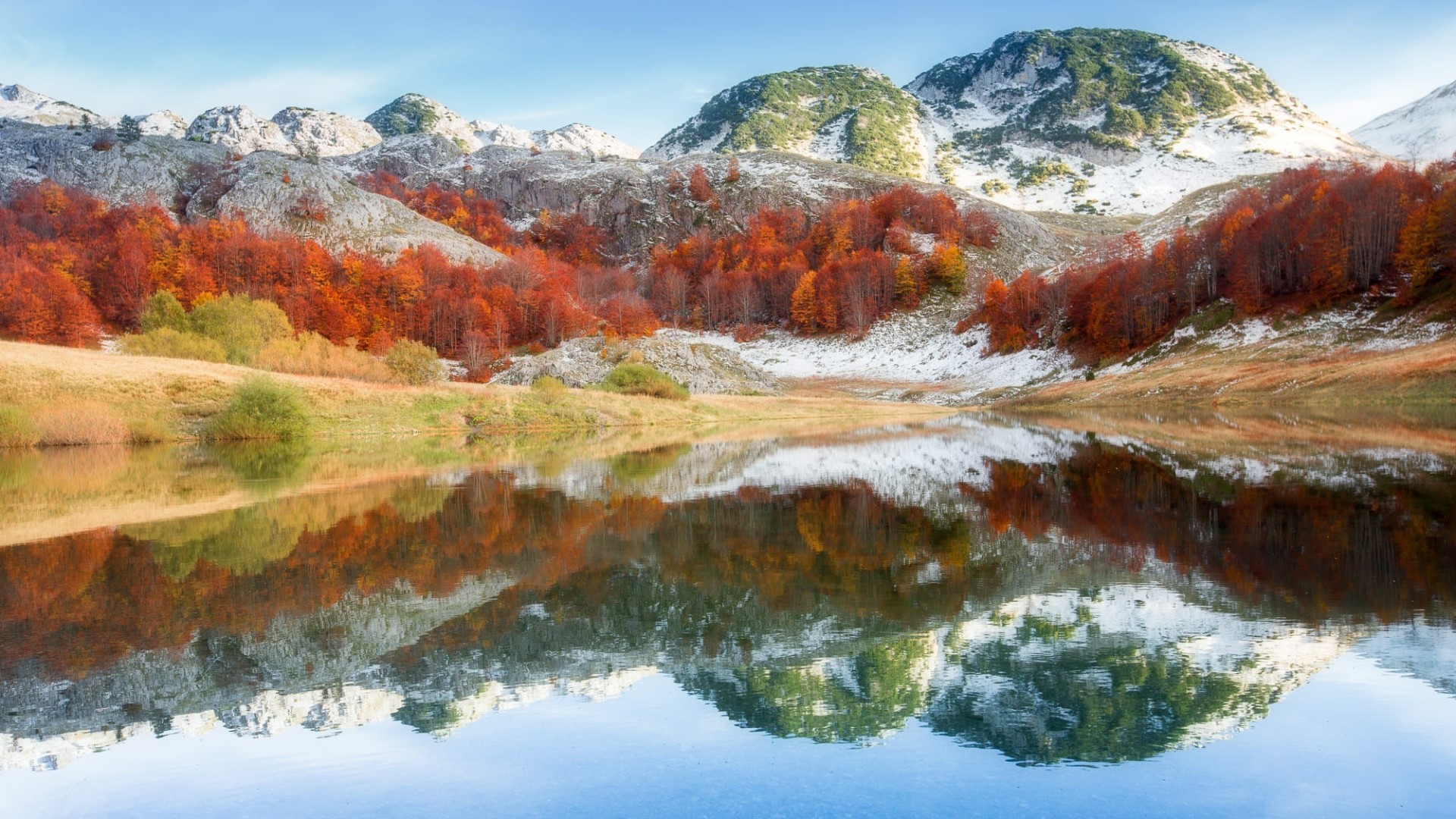 nature, landscape, mountains, forest, trees, fall, lake, reflection, snowy peak, HD Wallpaper