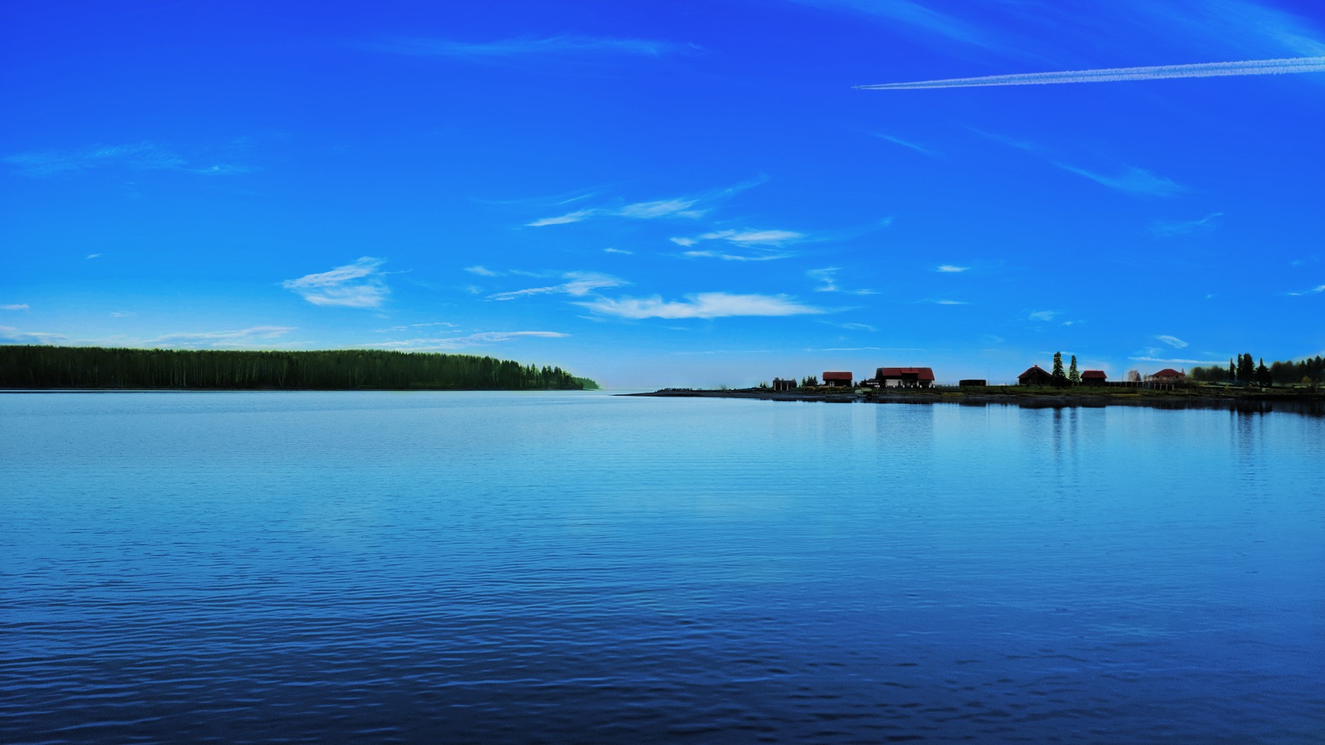 sky, lake, clouds, landscape, blue, village, horizon, aircraft, contrail, water, HD Wallpaper