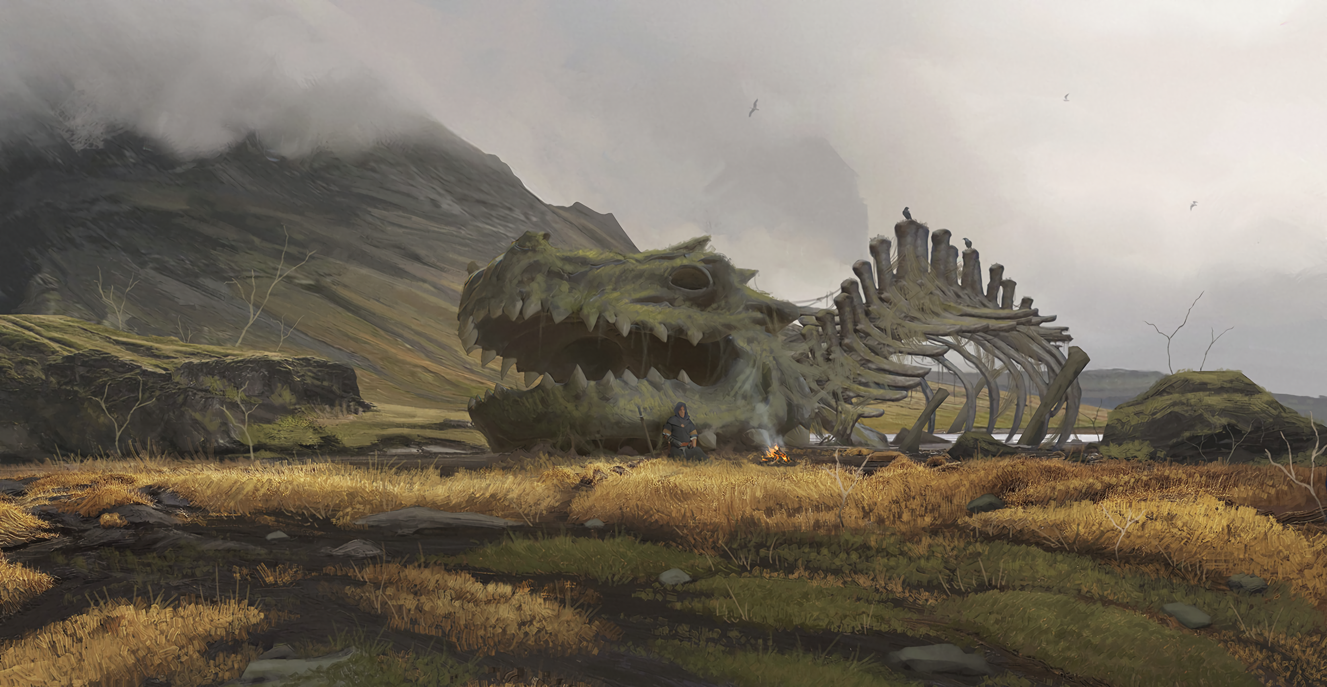 skeleton, dragon, fantasy art, tundra, campfire, clouds, adventurers, sword, mountains, environment, HD Wallpaper