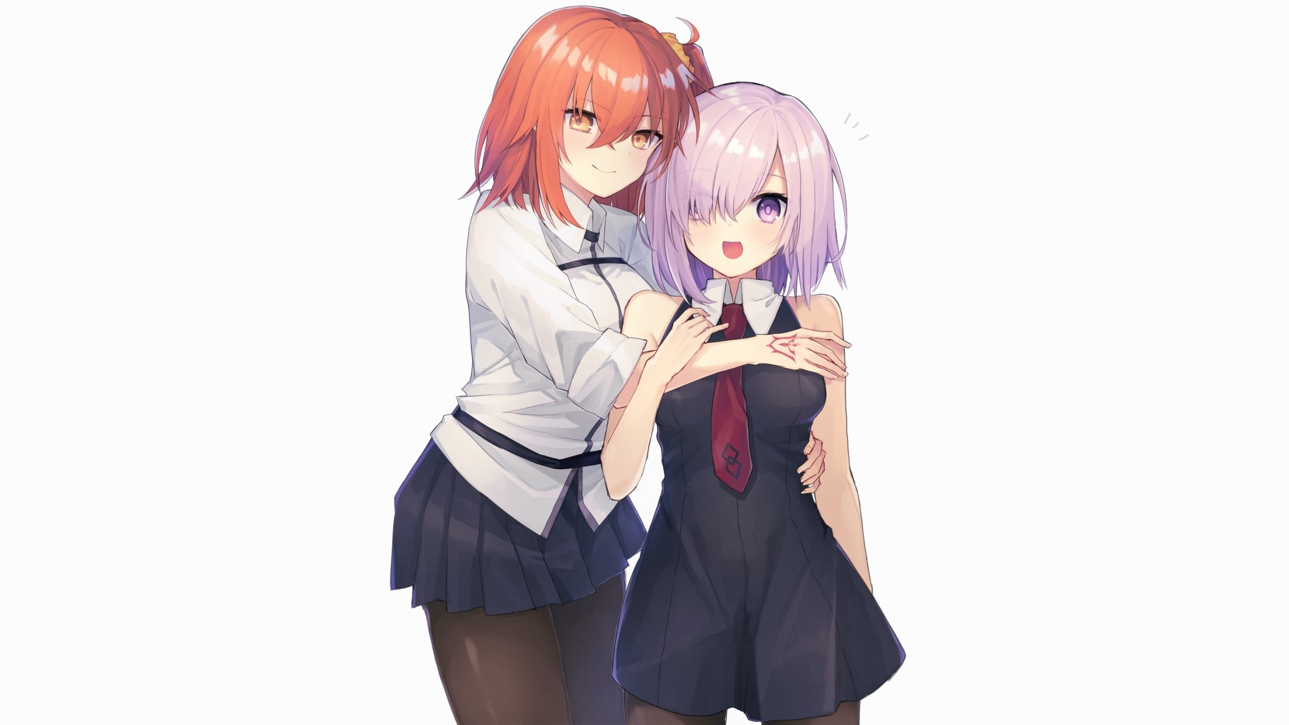 anime girls, anime, simple background, white background, miniskirt, tie, redhead, hugging, purple hair, purple eyes, orange eyes, short hair, stockings, bare shoulders, open mouth, Fate/Grand Order, Shielder (Fate/Grand Order), Fujimaru Ritsuka, HD Wallpaper