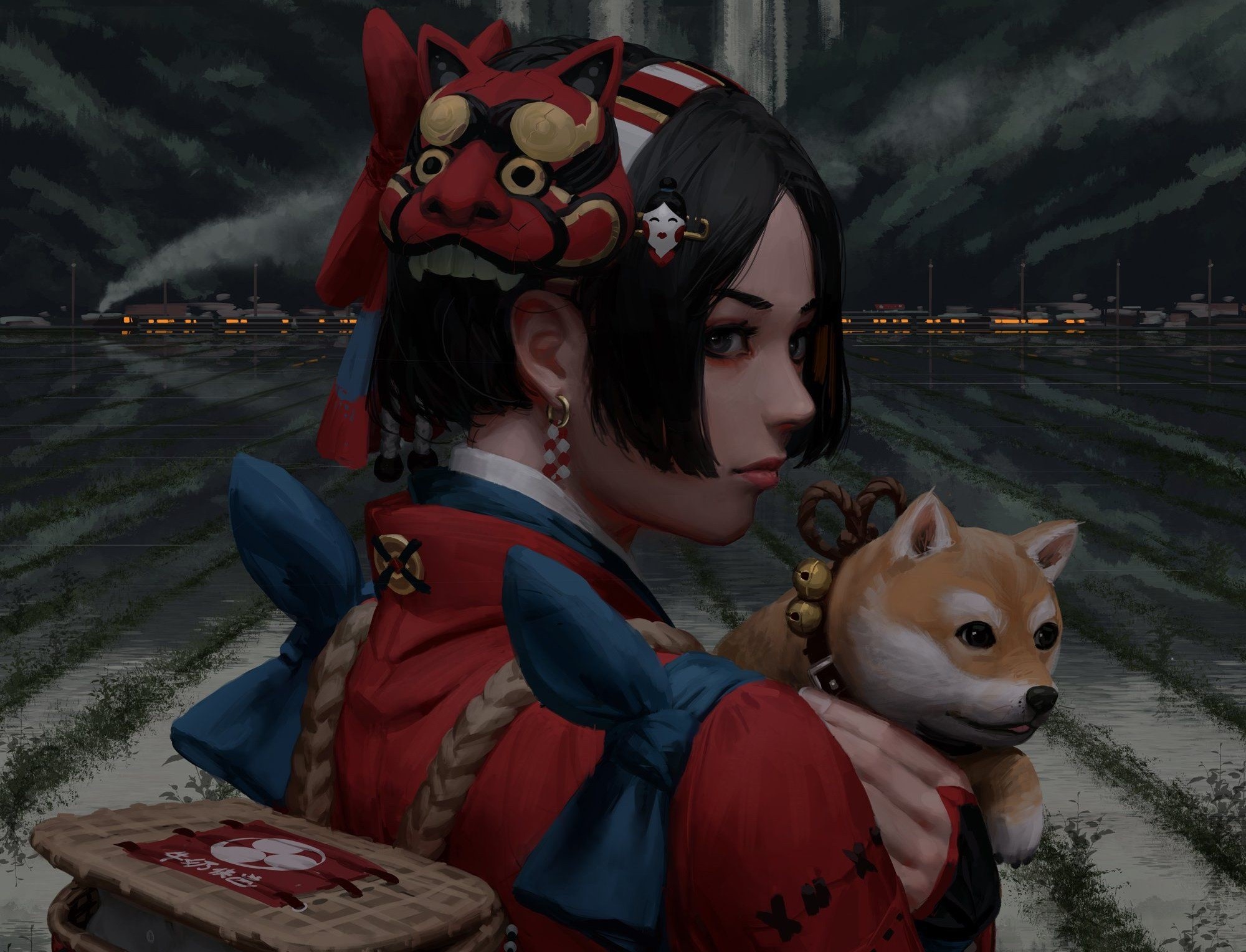 women, samurai, doge, dog, digital art, painting, artwork, mask, fantasy art, illustration, GUWEIZ, Asian, HD Wallpaper