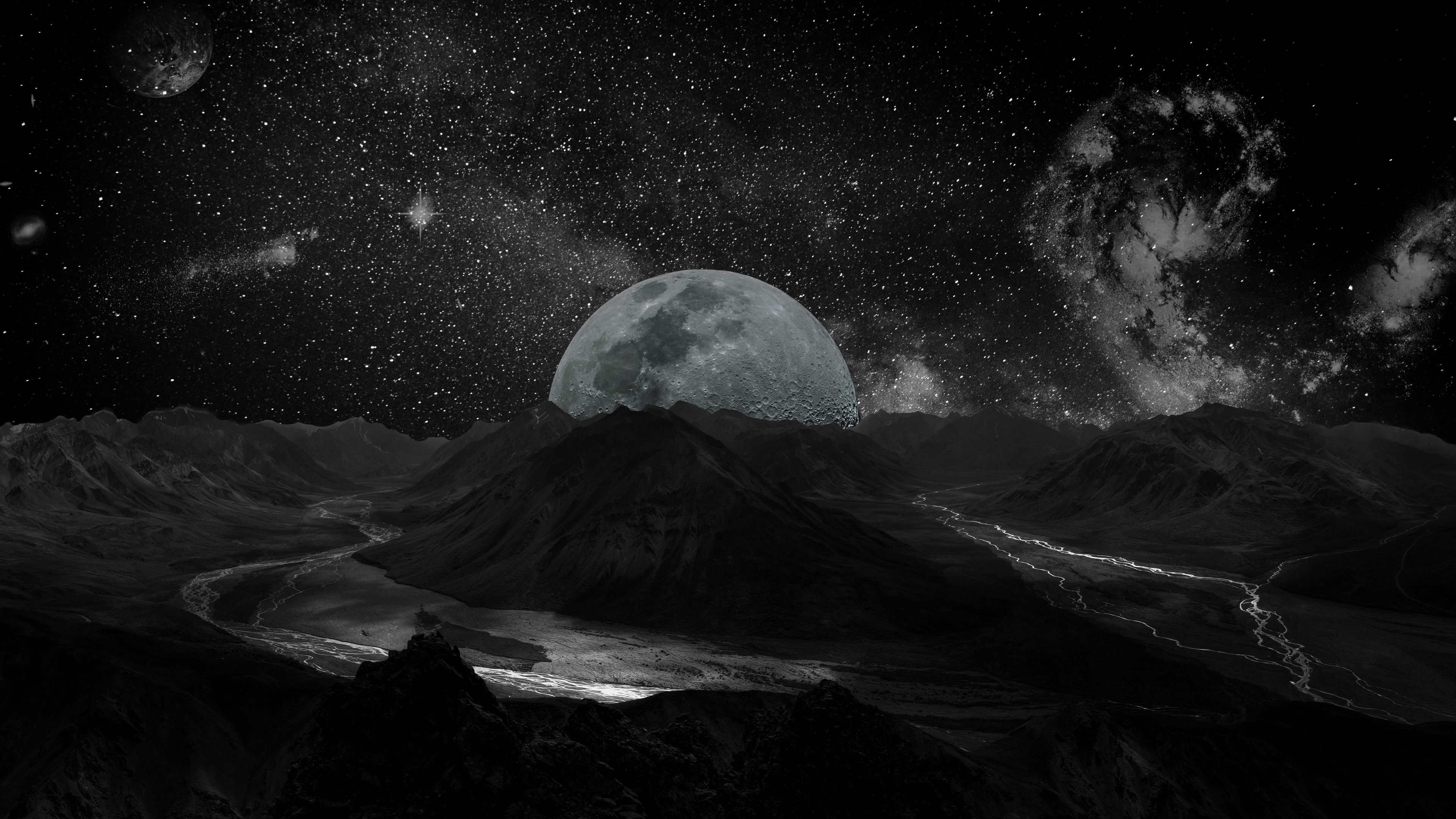 moon, space, universe, photoshop, bw, 4k, HD Wallpaper