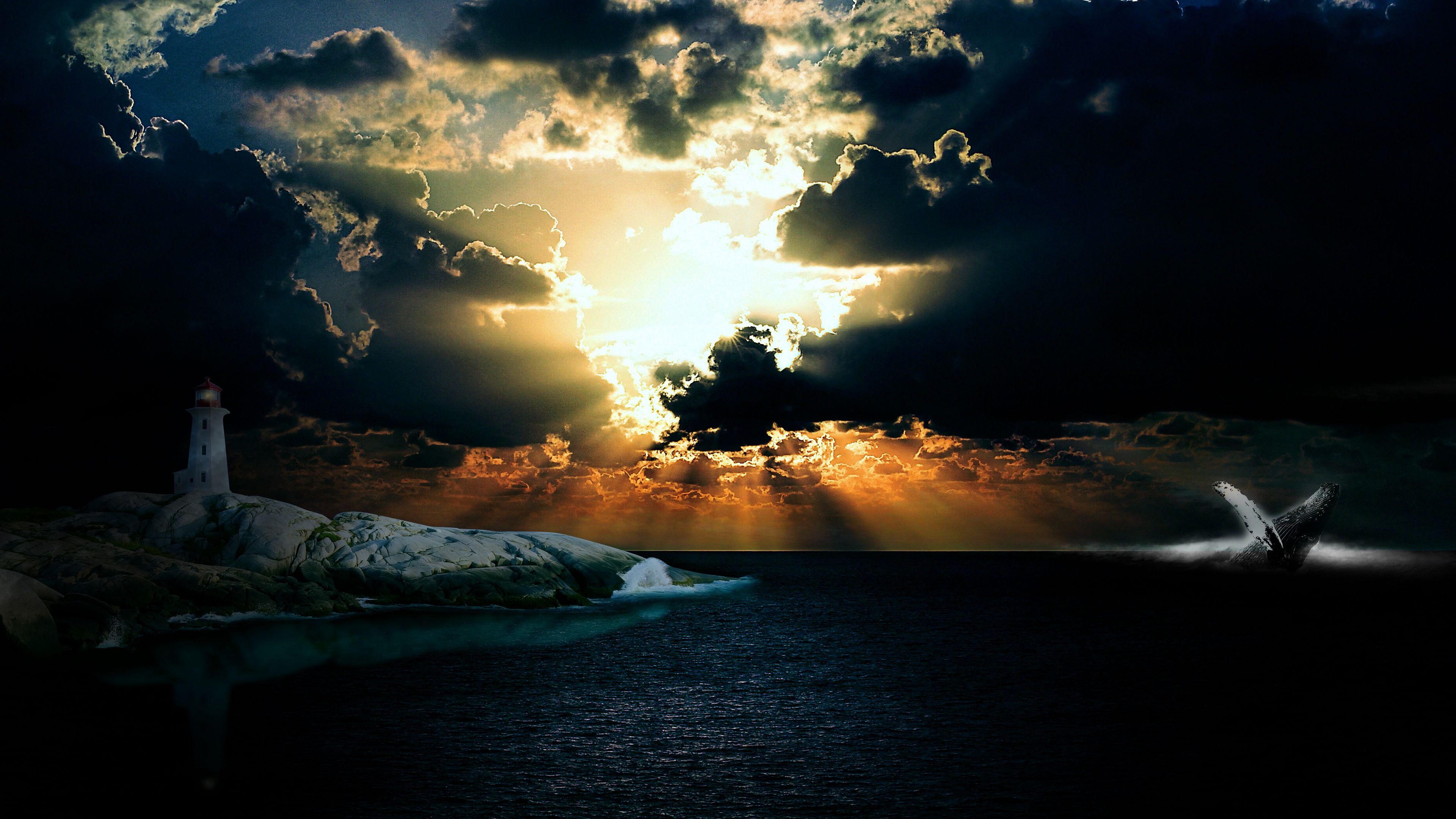 lighthouse, sea, night, shore, sunlight, overcast, 4k, HD Wallpaper