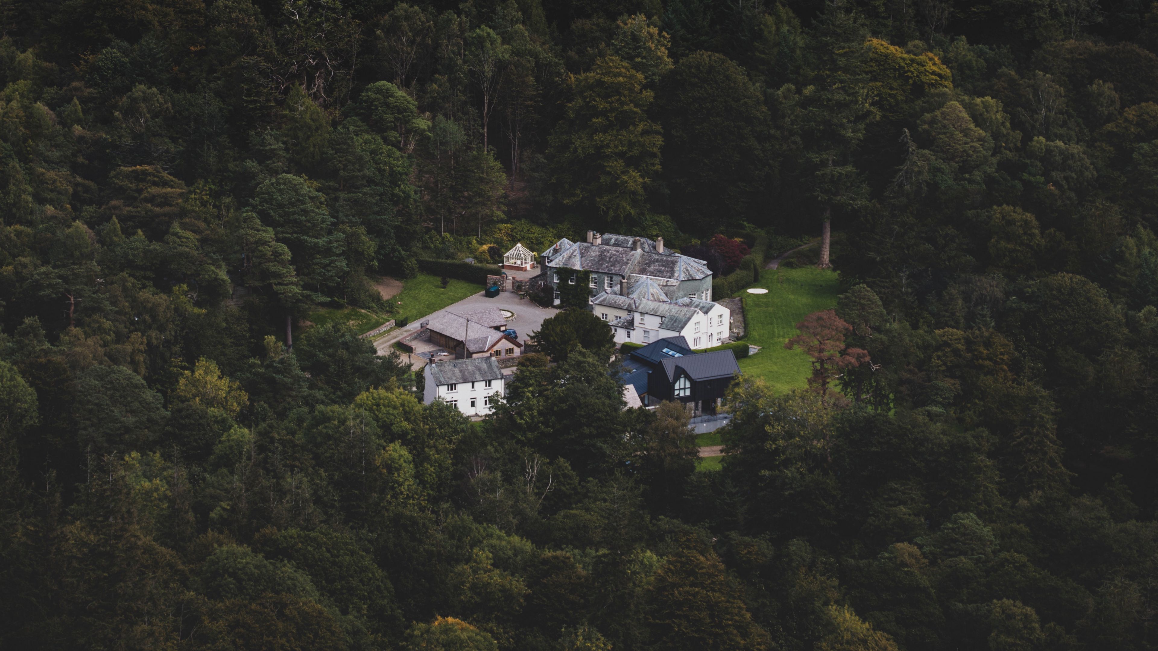 castle, homestead, view from above, forest, 4k, HD Wallpaper