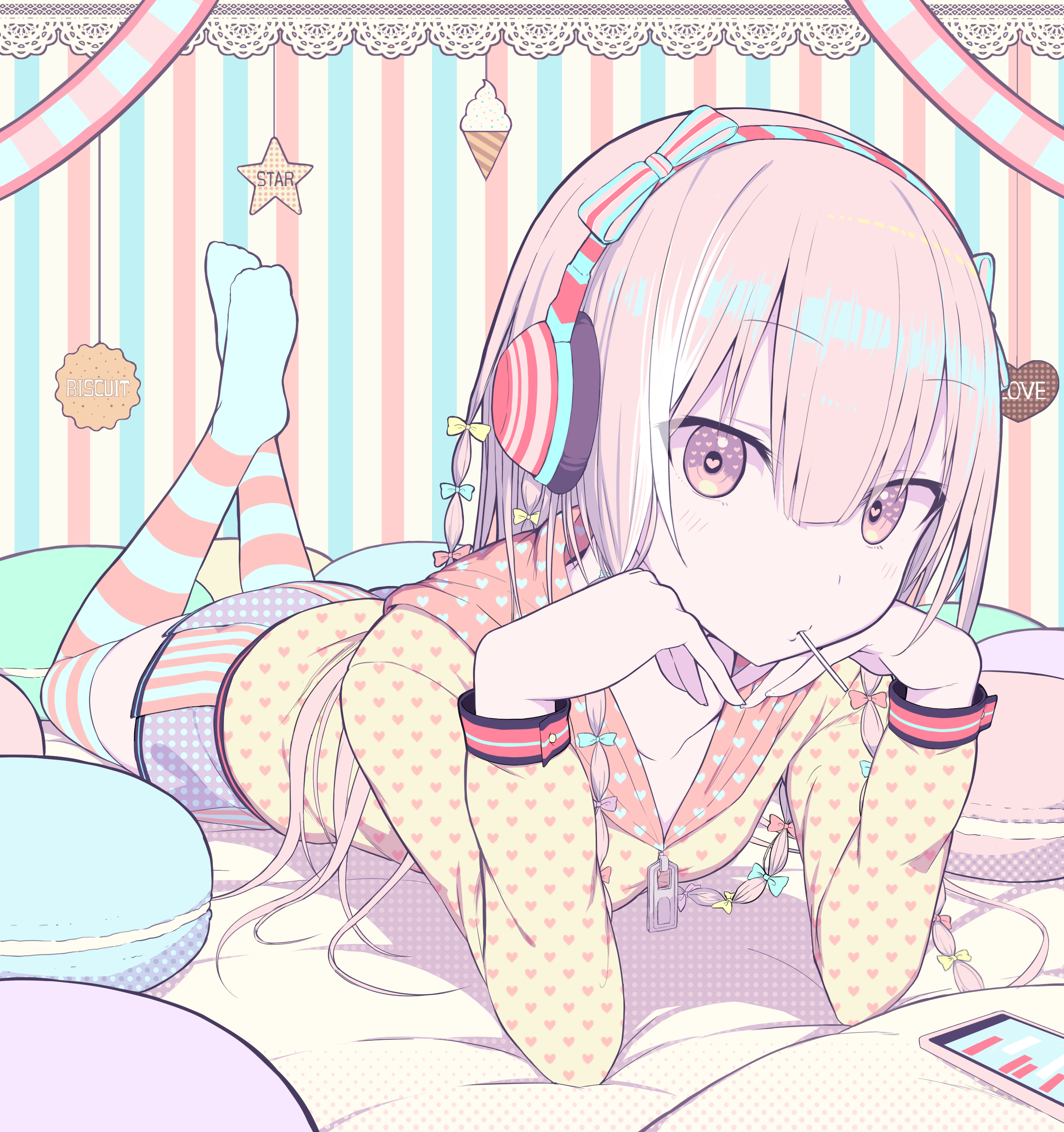 anime, anime girls, headphones, legs up, in bed, HD Wallpaper