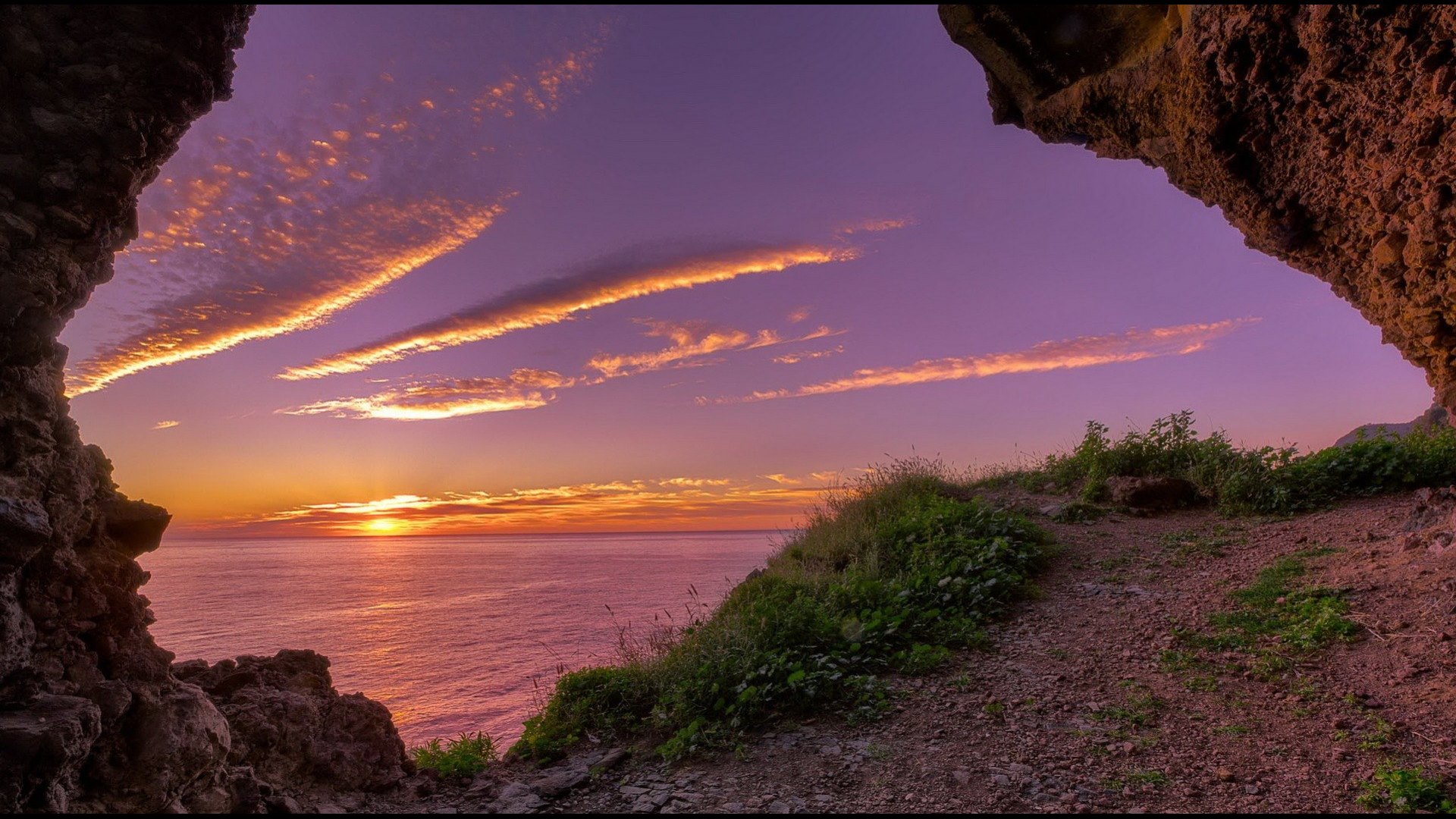 sunset, clouds, coast, cave, sea, HD Wallpaper
